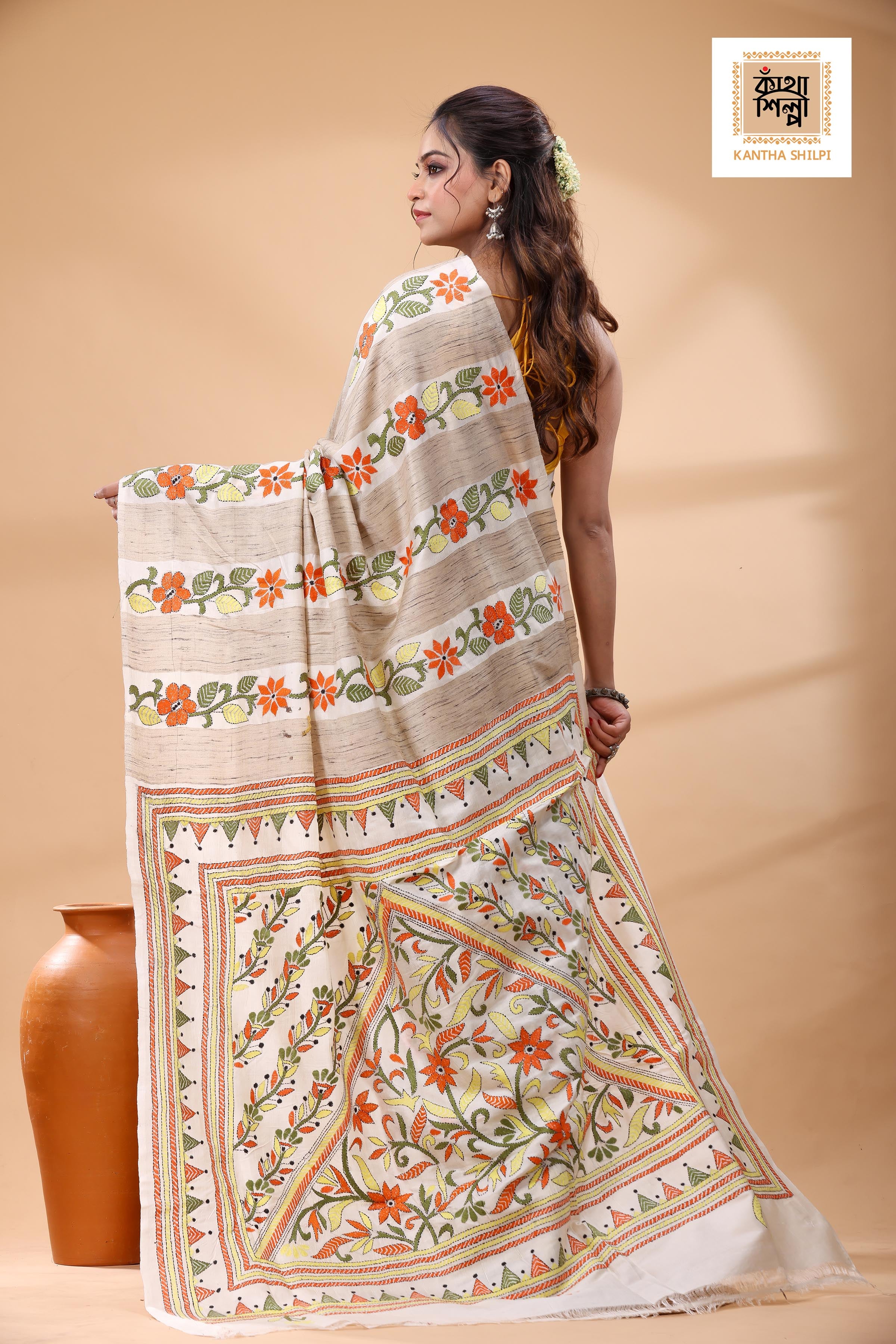 Bishnupuri (Katan) Silk Kantha Stitch Saree