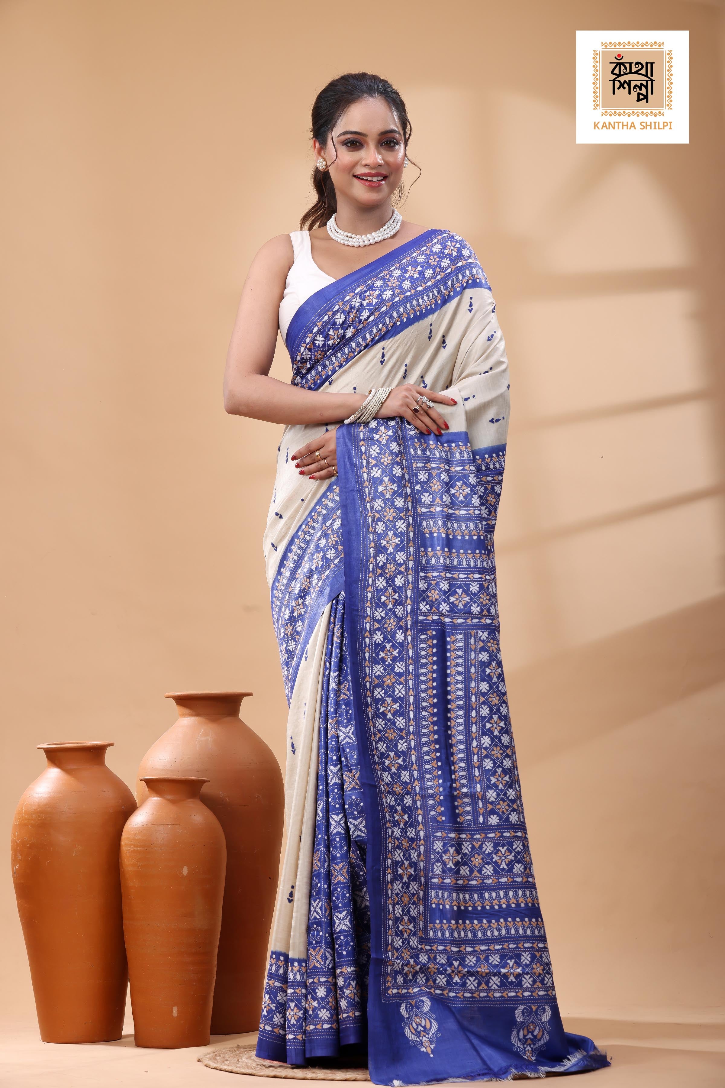 Pure Dye Gachi Tussar Multicolor Thread Work Kantha Stitch Saree