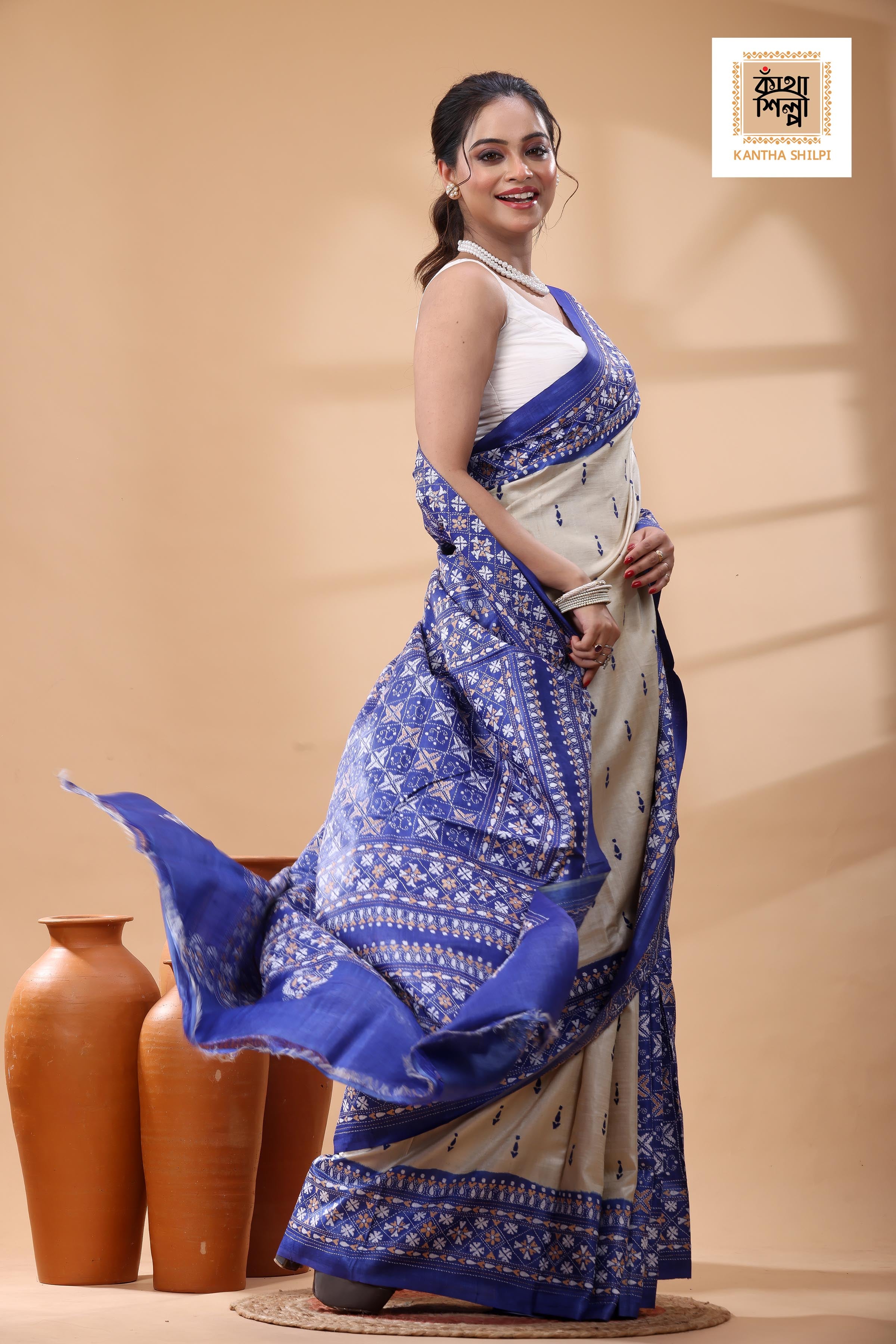 Pure Dye Gachi Tussar Multicolor Thread Work Kantha Stitch Saree