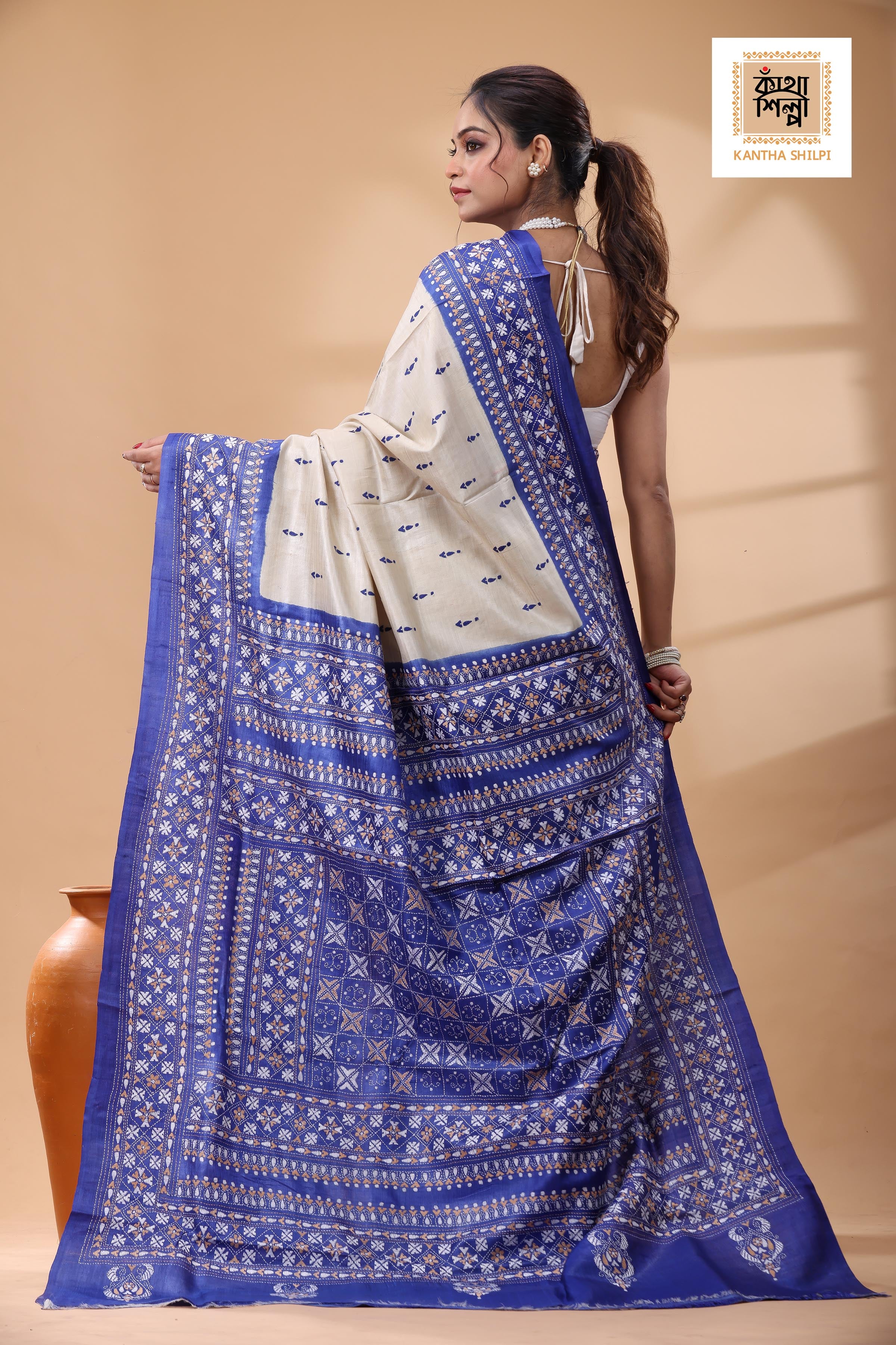 Pure Dye Gachi Tussar Multicolor Thread Work Kantha Stitch Saree