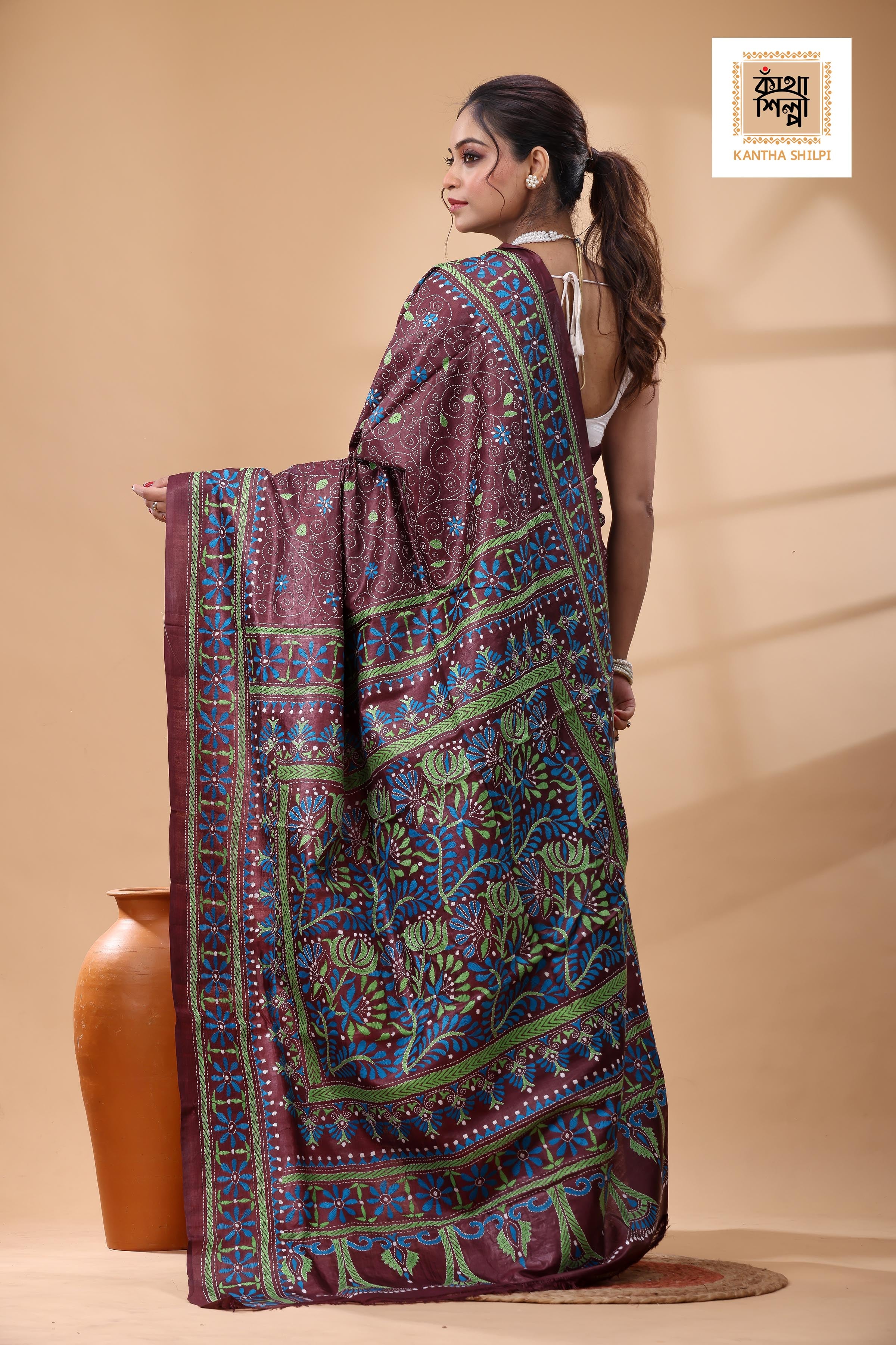 Pure Gachi Tussar Pink Color Thread Work Kantha Stitch Saree