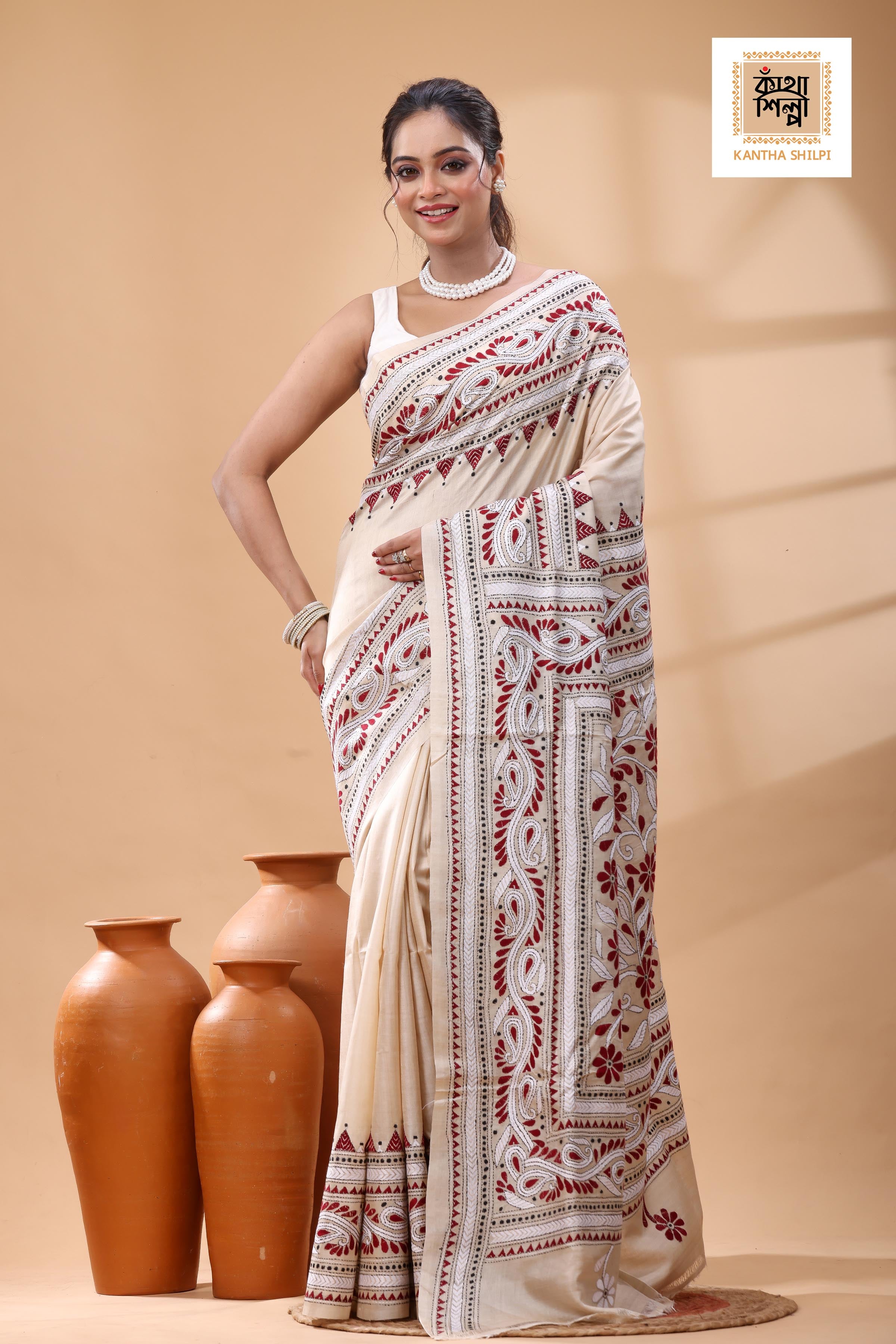 Pure Gachi Tussar White Maroon Color Thread Work Kantha Stitch Saree