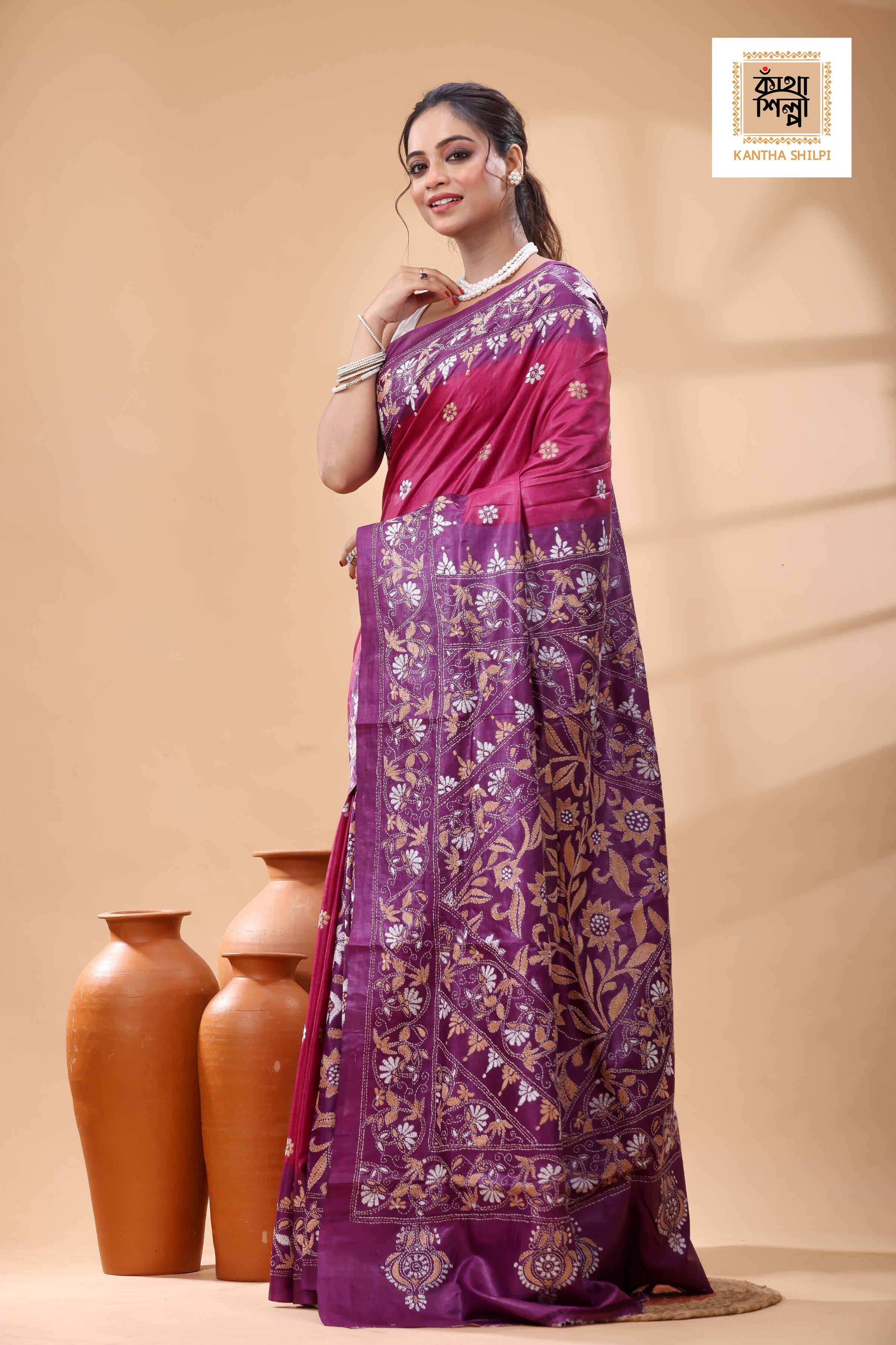 Pure Dye Gachi Tussar White Color Thread Work Kantha Stitch Saree