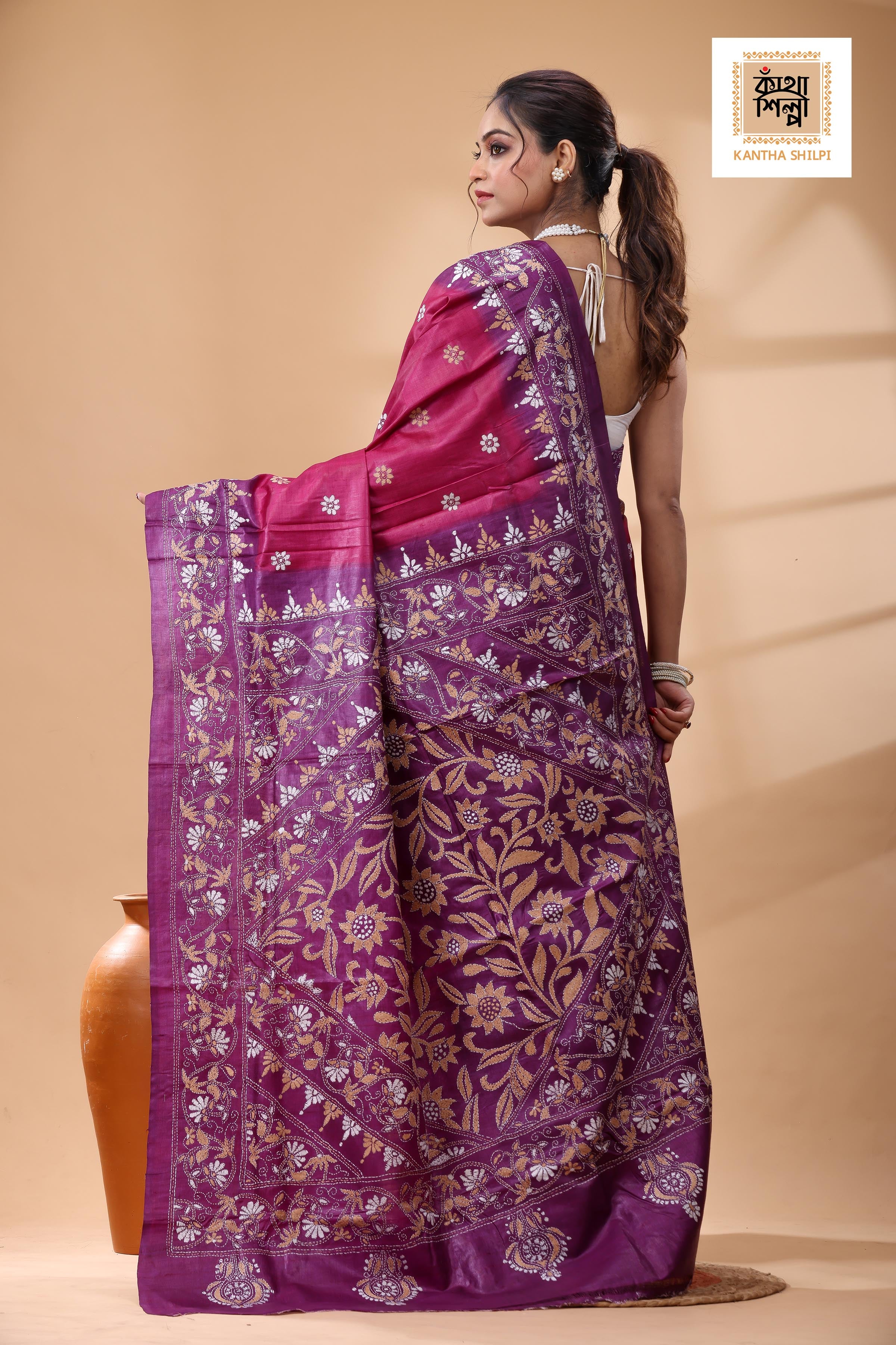 Pure Dye Gachi Tussar White Color Thread Work Kantha Stitch Saree