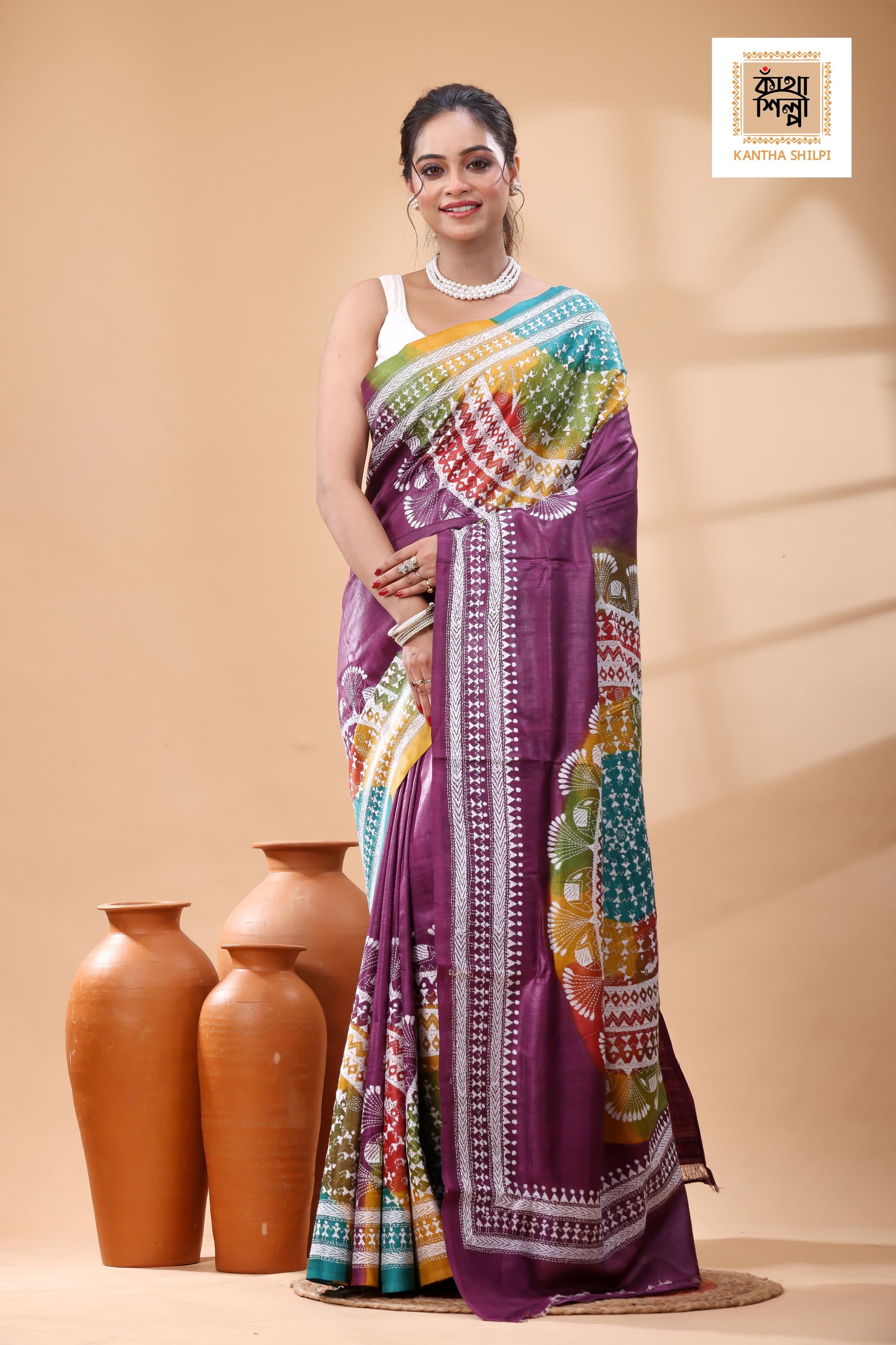 Pure Dye Gachi Tussar White Color Thread Work Kantha Stitch Saree