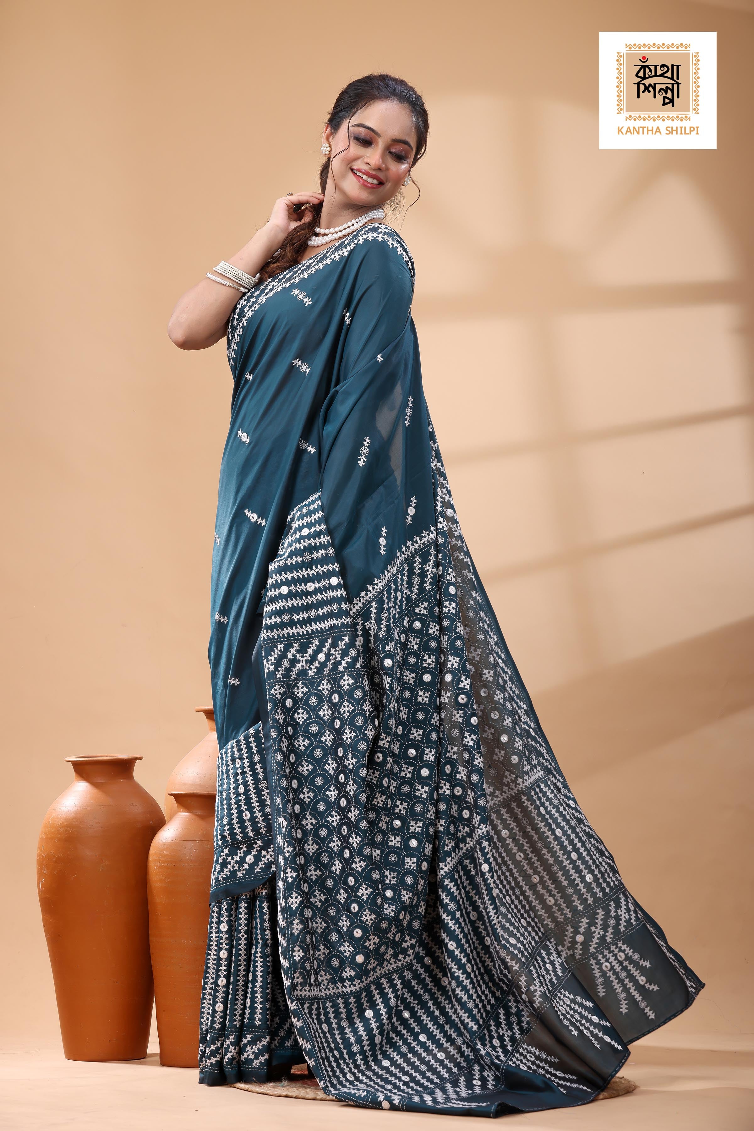 Dark Indigo Bangalore Silk White Color Thread Work Gujrati Stitch Saree
