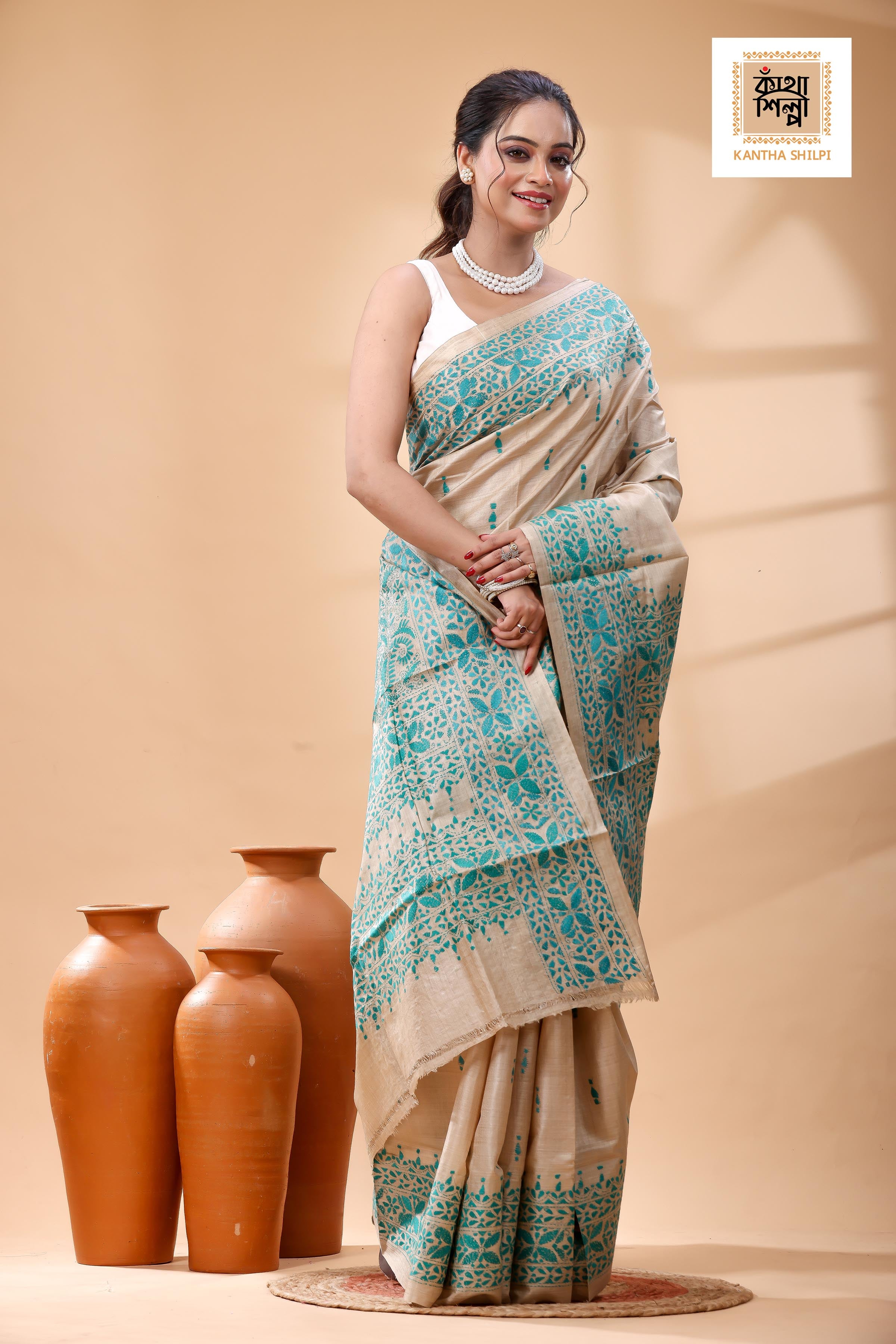 Pure Gachi Tussar Greenish Sea Blue Color Thread Work Kantha Stitch Saree