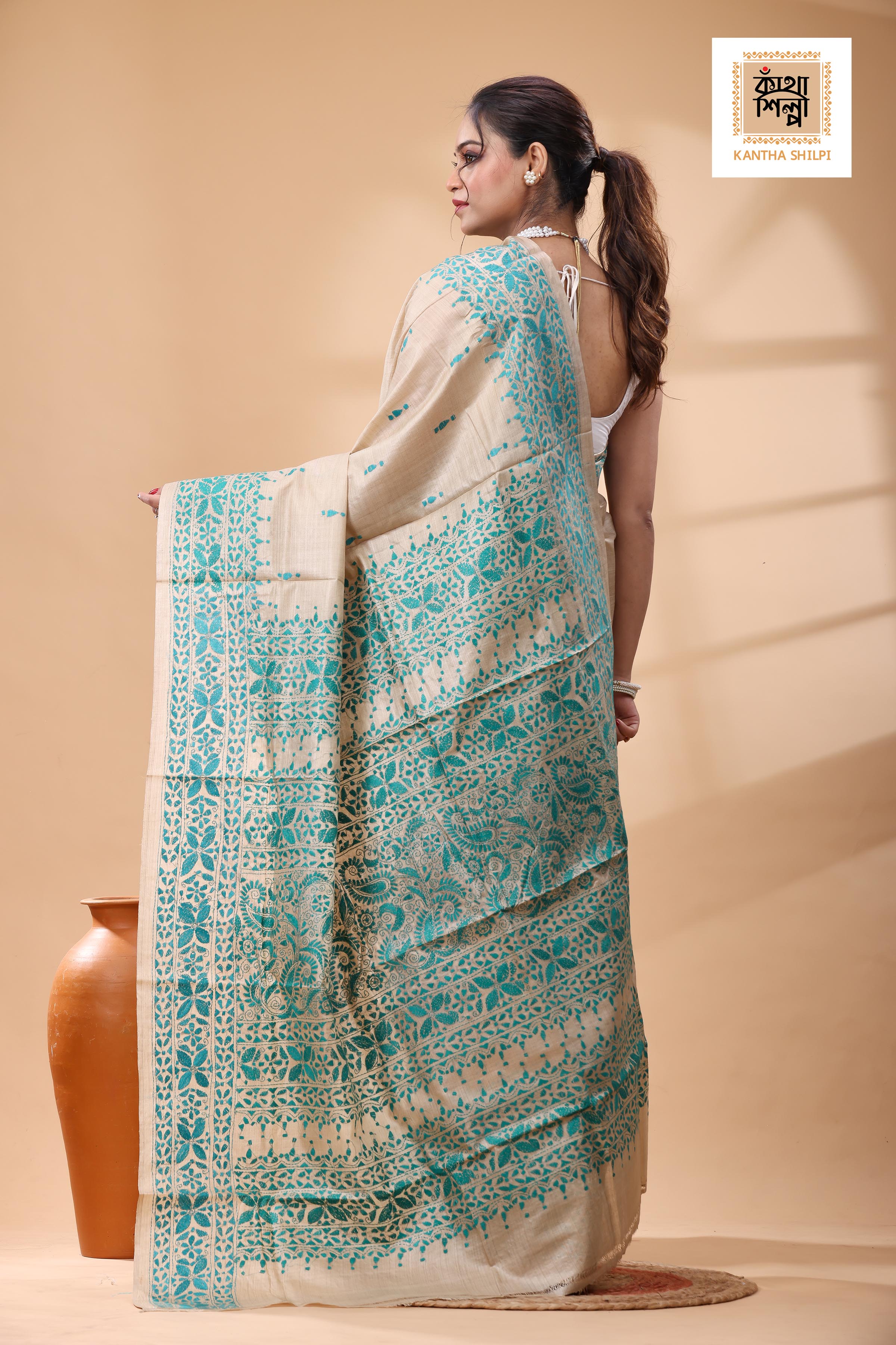 Pure Gachi Tussar Greenish Sea Blue Color Thread Work Kantha Stitch Saree