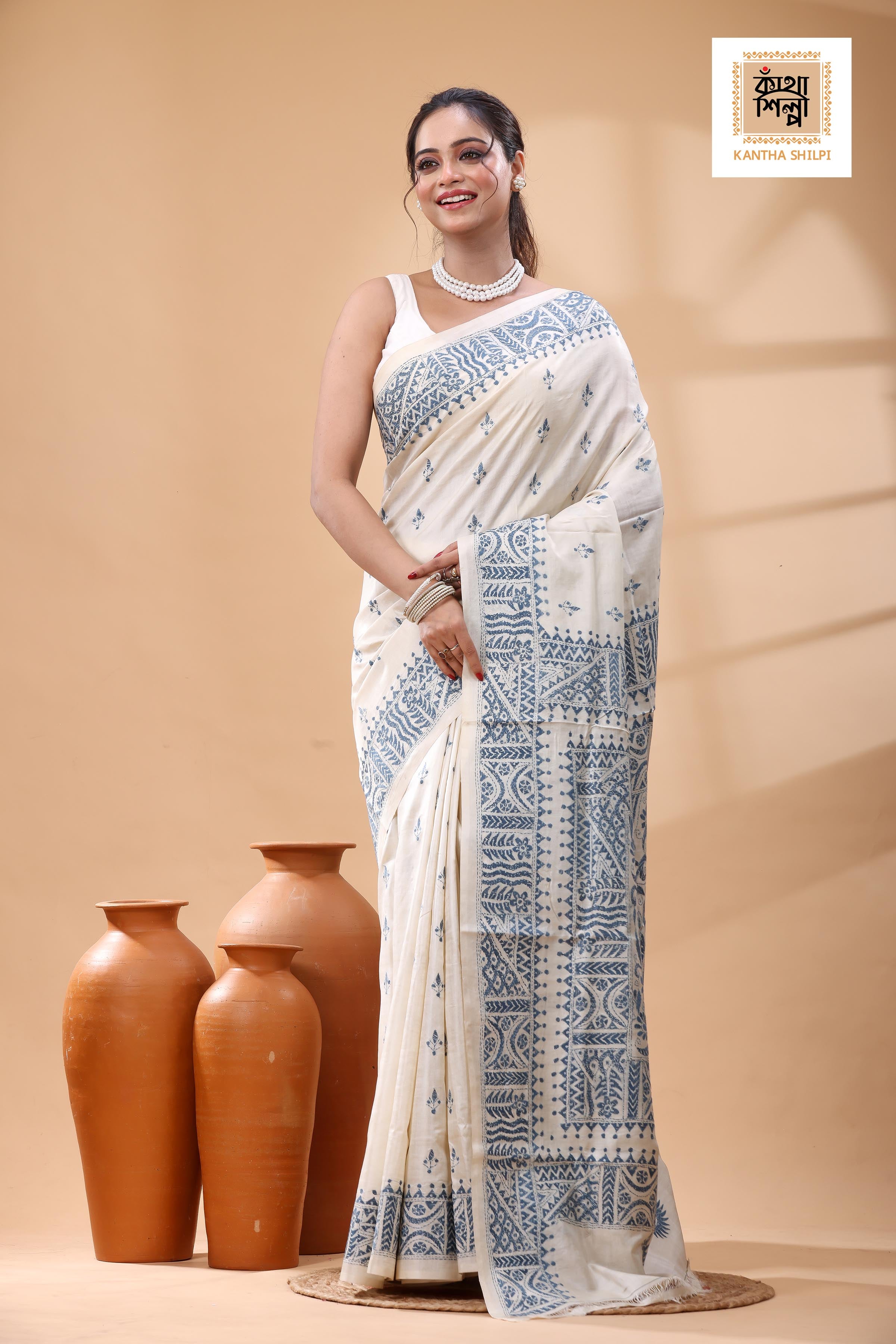 Pure Tussar Light Blue Color Thread Work Kantha Stitch Saree