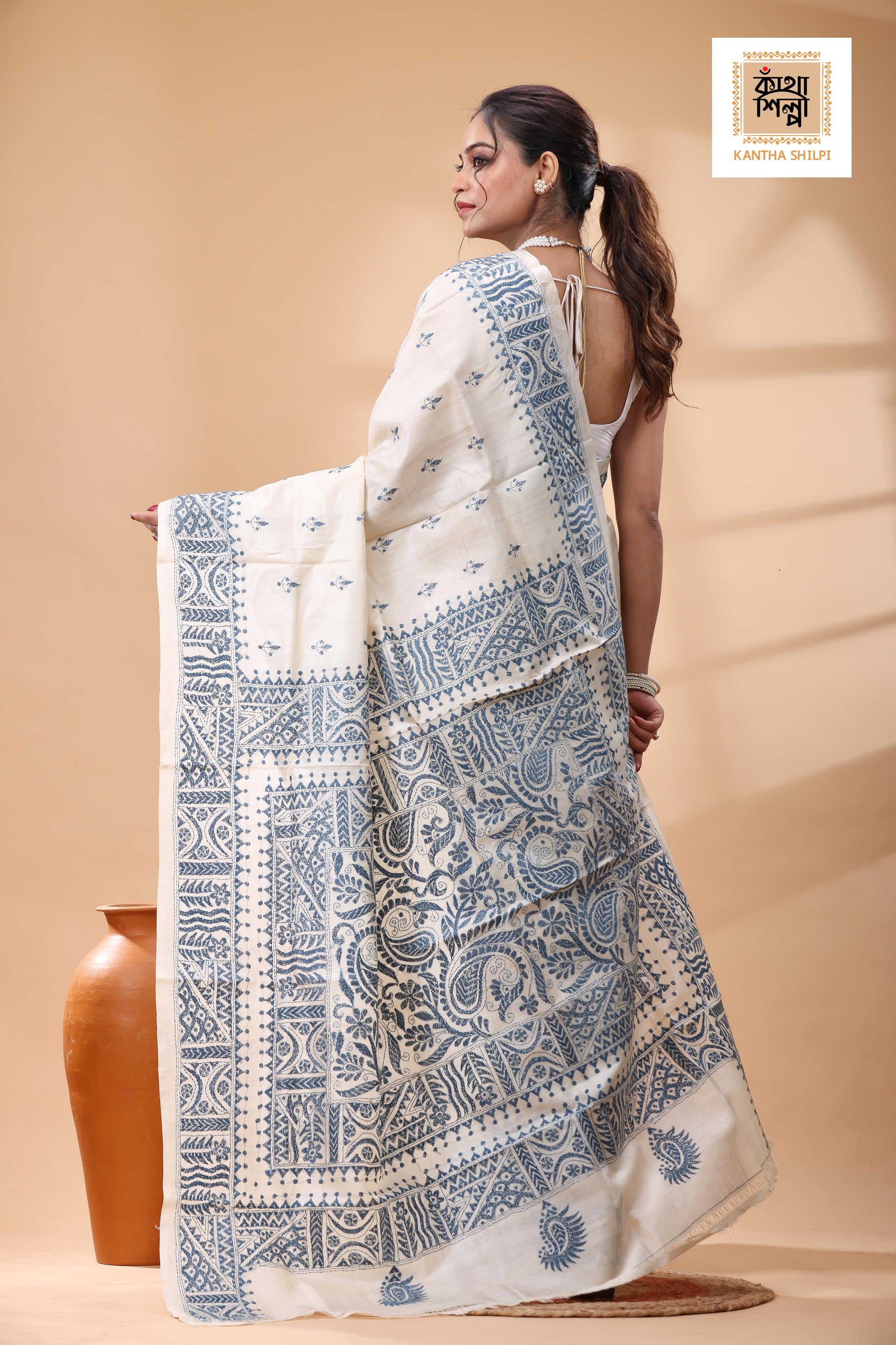 Pure Tussar Light Blue Color Thread Work Kantha Stitch Saree