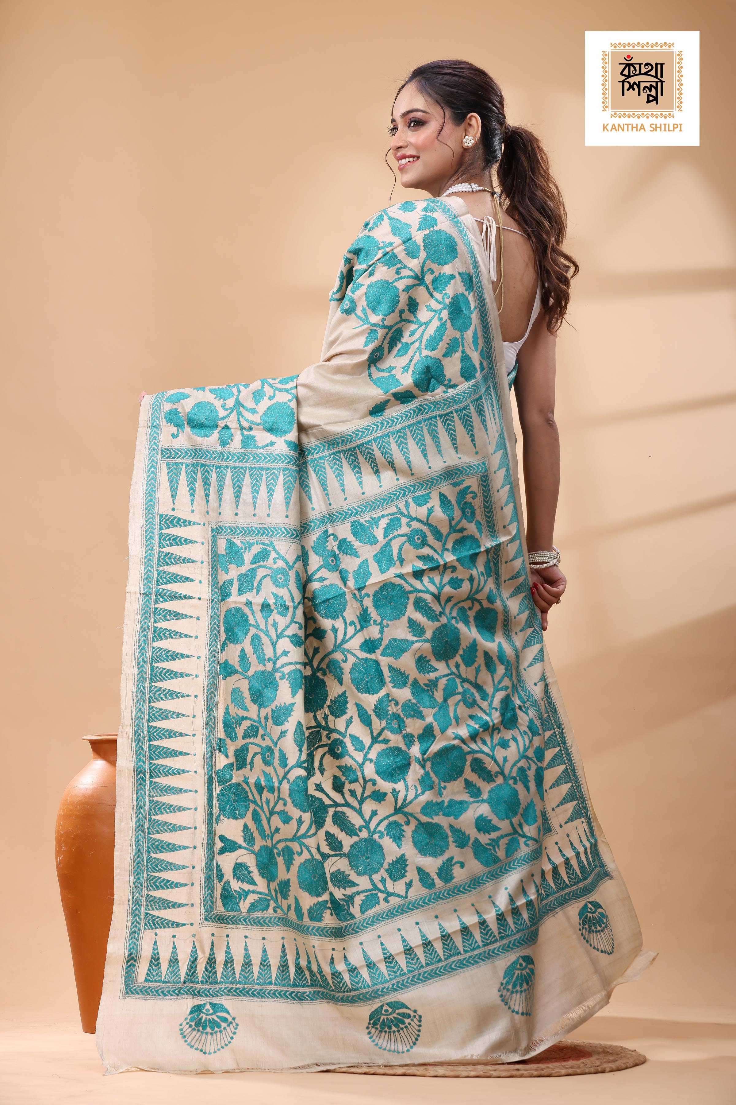 Pure Gachi Tussar Sea Green Color Thread Work Kantha Stitch Saree