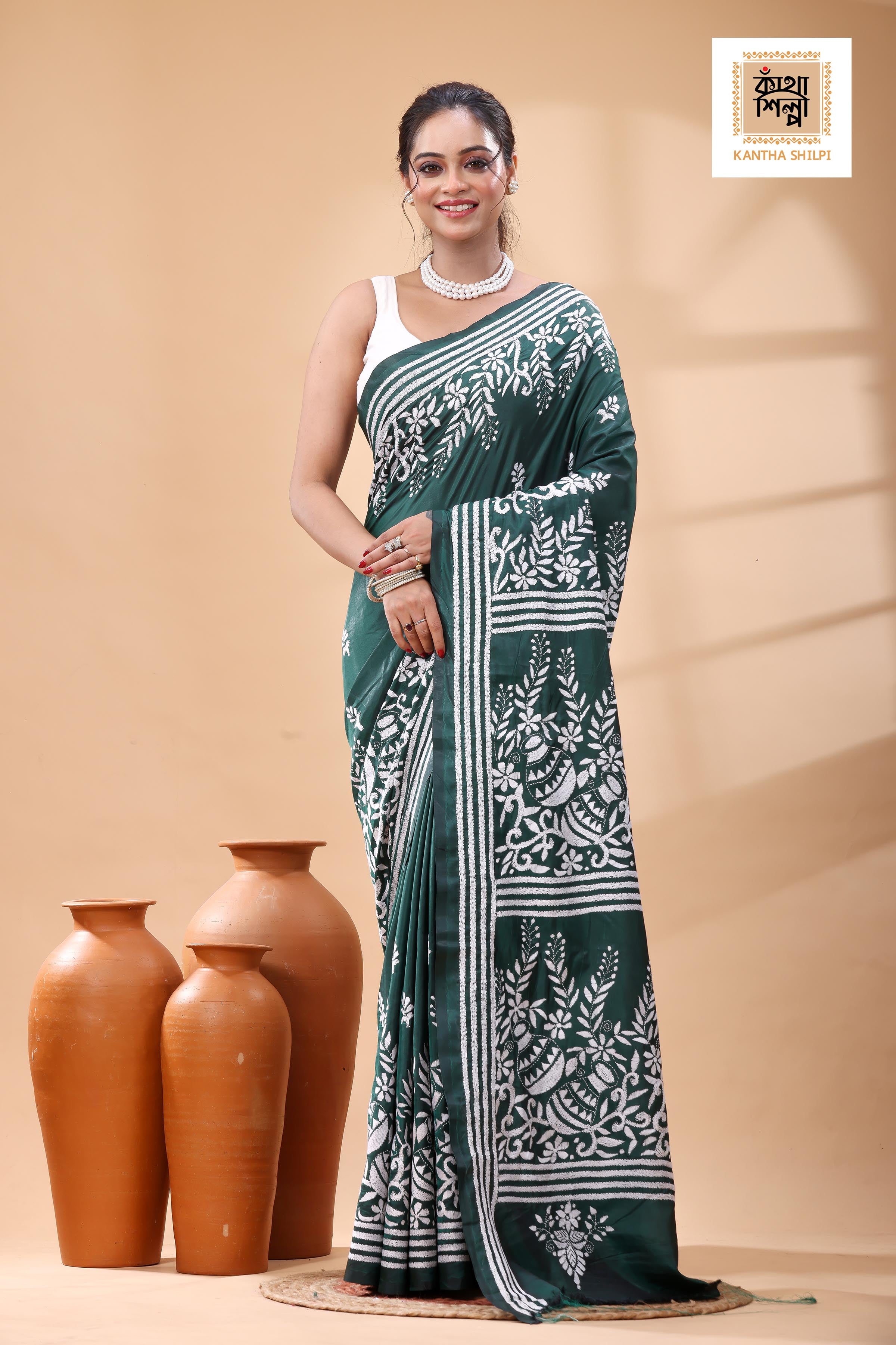 Green Color Bangalore Silk White Color Thread Work Kantha Stitch Saree