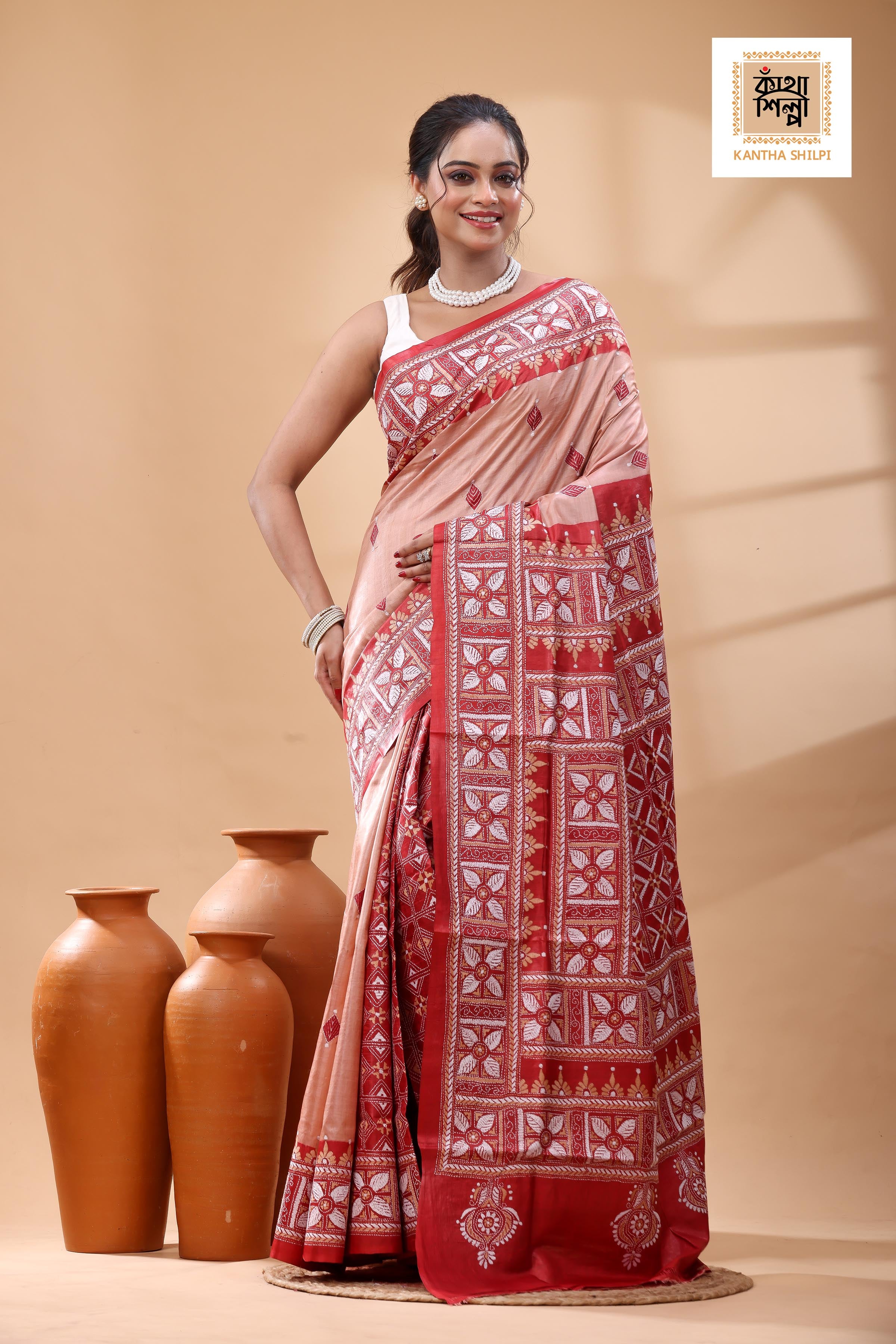 Pure Dye Gachi Tussar White Beige Color Thread Work Kantha Stitch Saree