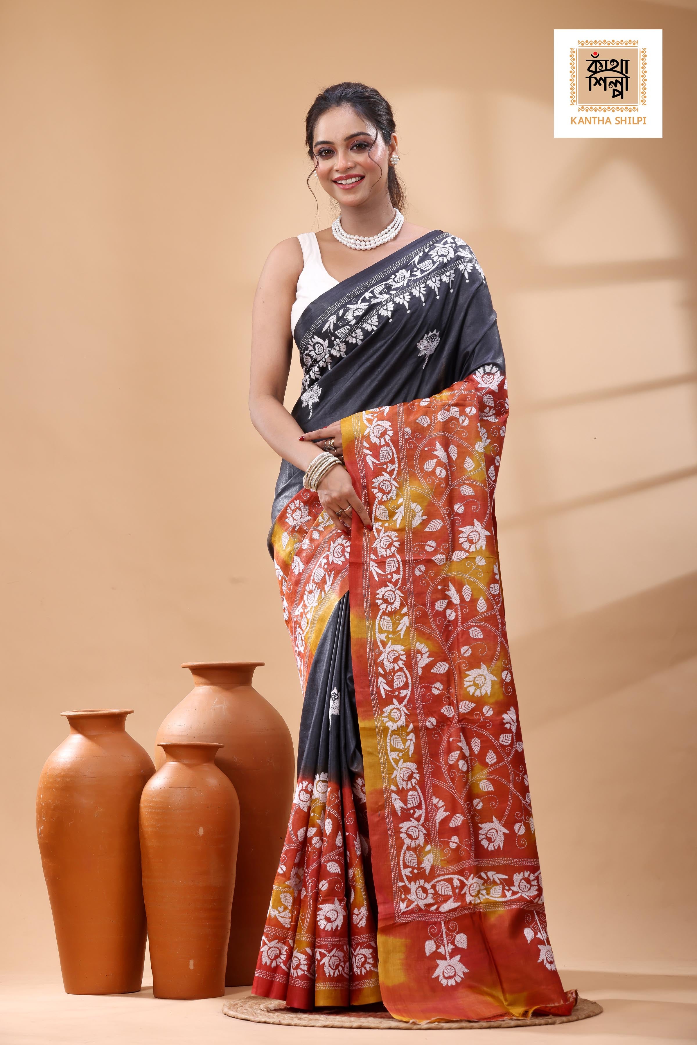Pure Dye Gachi Tussar White Color Thread Work Kantha Stitch Saree