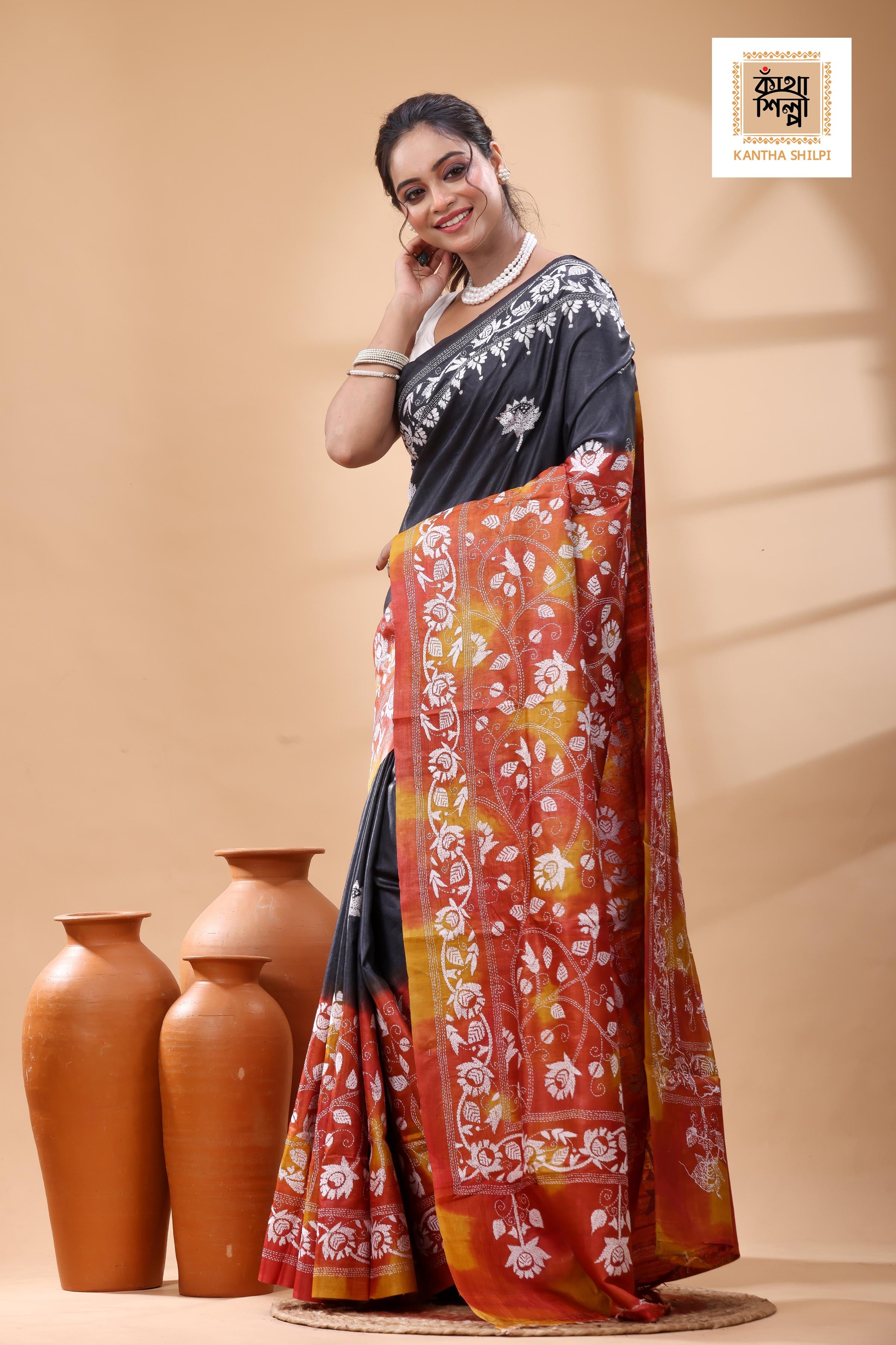 Pure Dye Gachi Tussar White Color Thread Work Kantha Stitch Saree