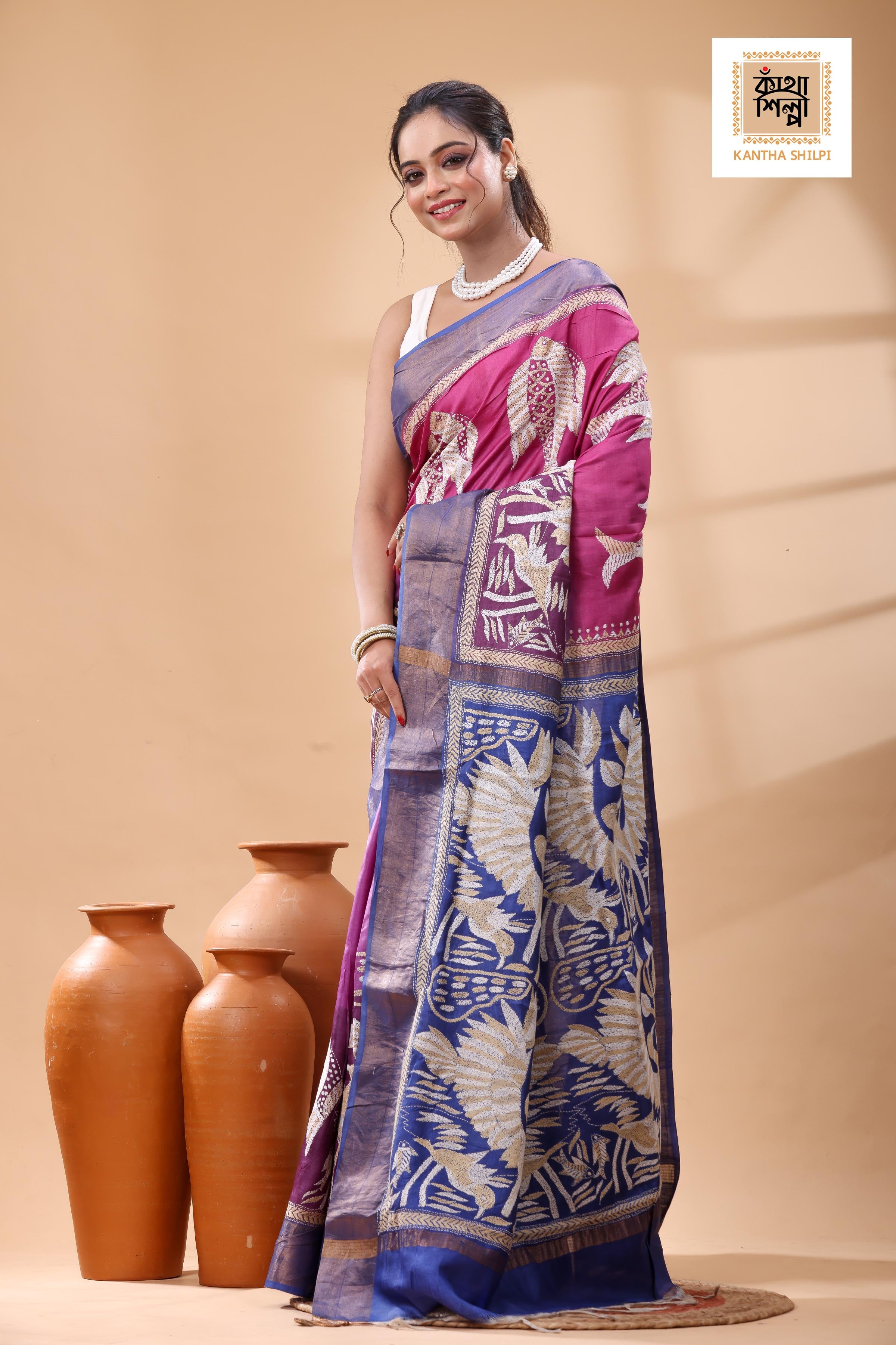 Pure Dye Tussar White-Beige Color Thread Work Kantha Stitch Saree