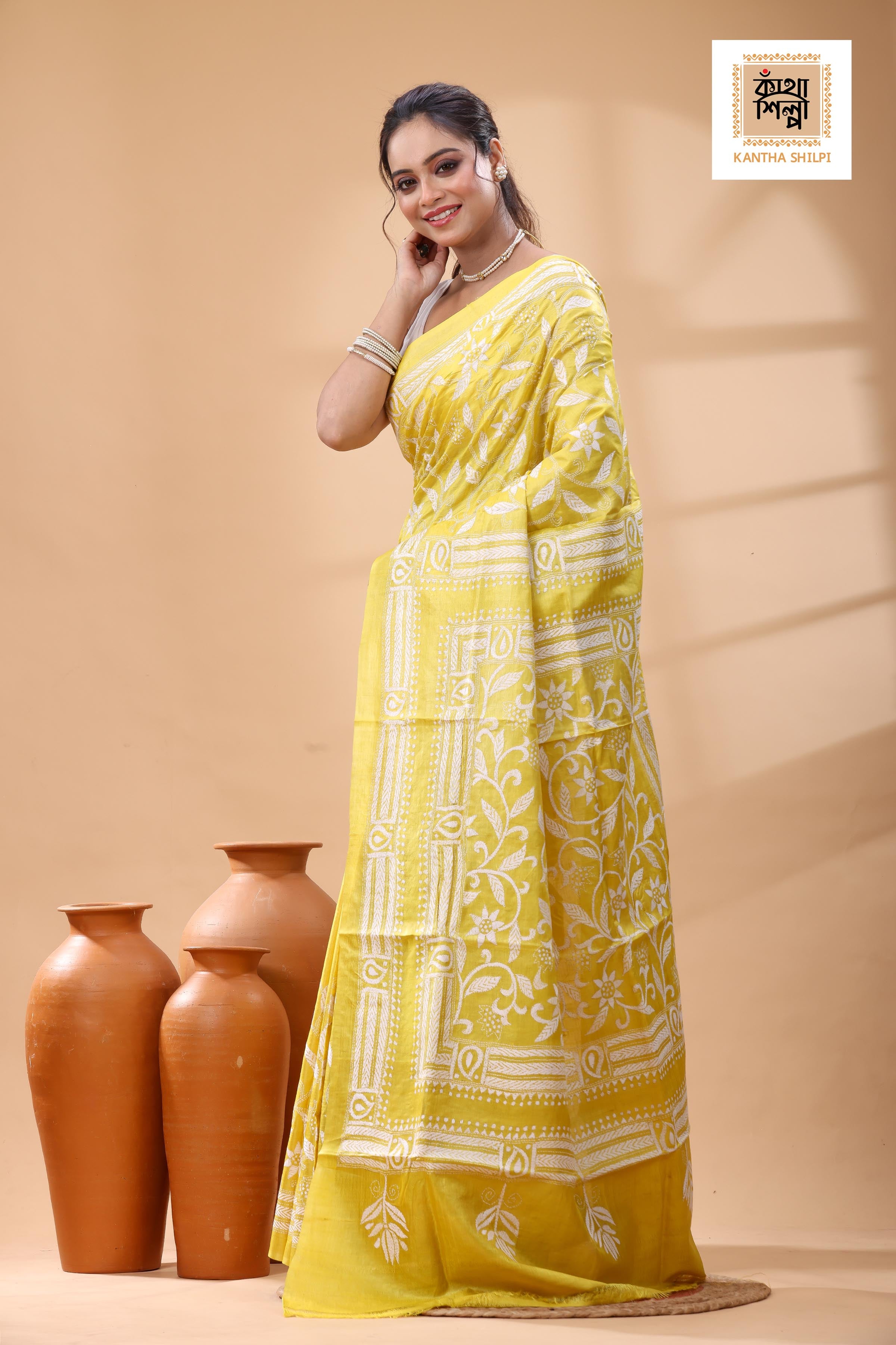 Pure Yellow Dye Gachi Tussar White Color Thread Work Kantha Stitch Saree