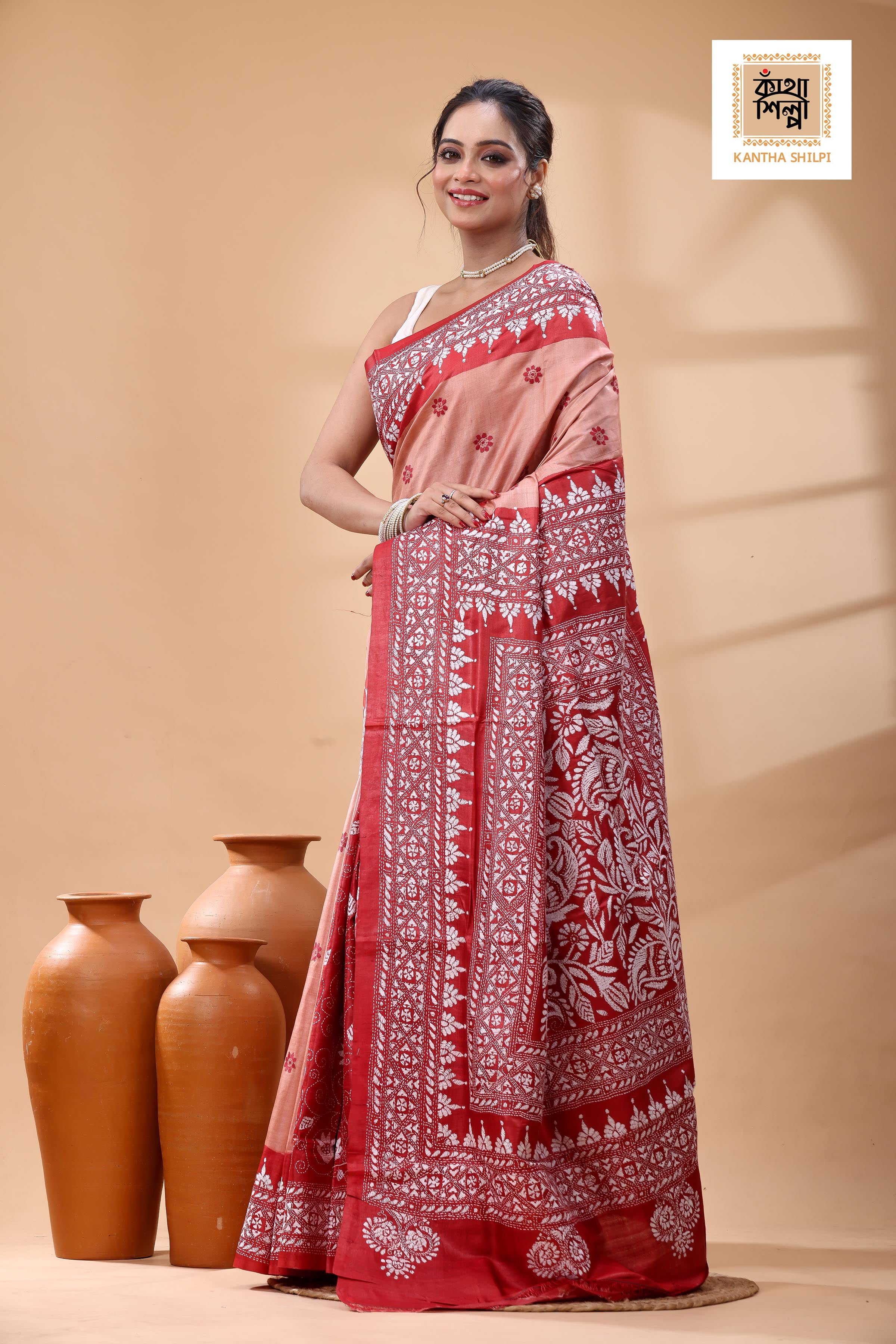 Pure Dye Gachi Tussar White Color Thread Work Kantha Stitch Saree