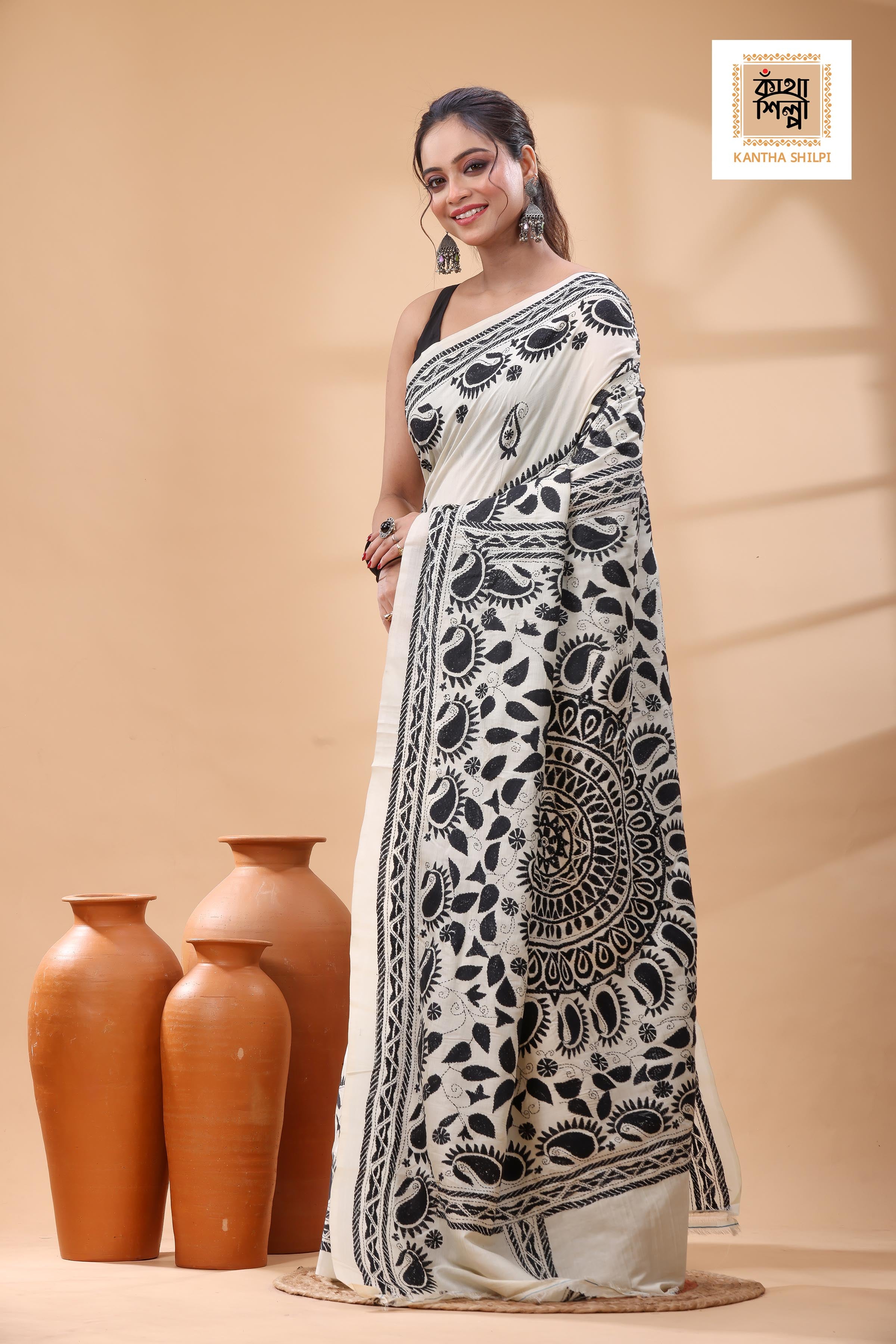 Off White Tussar Silk Black Color Thread Work Kantha Stitch Saree