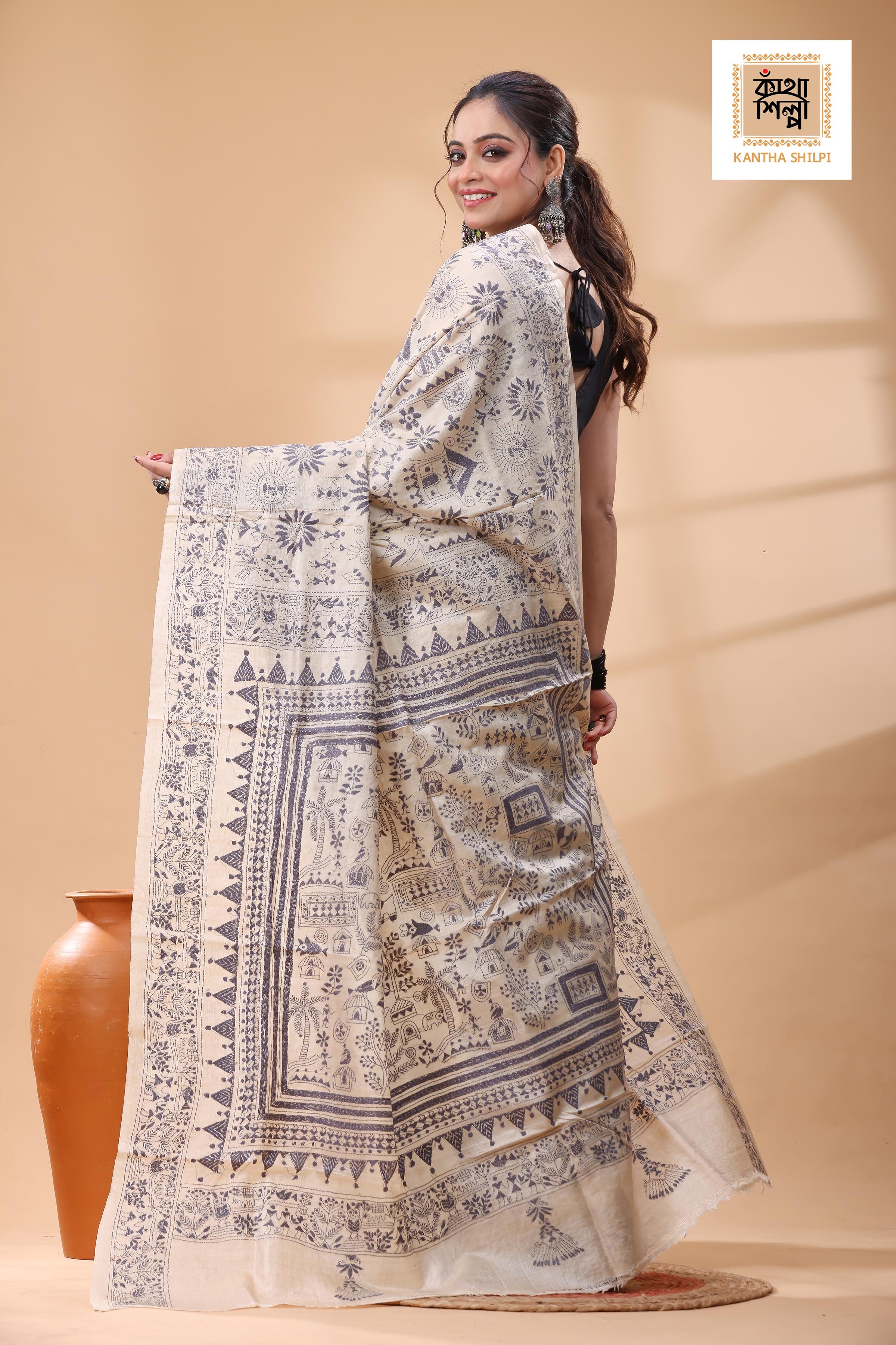 Pure Gachi Tussar Gray Color Thread Work Kantha Stitch Saree