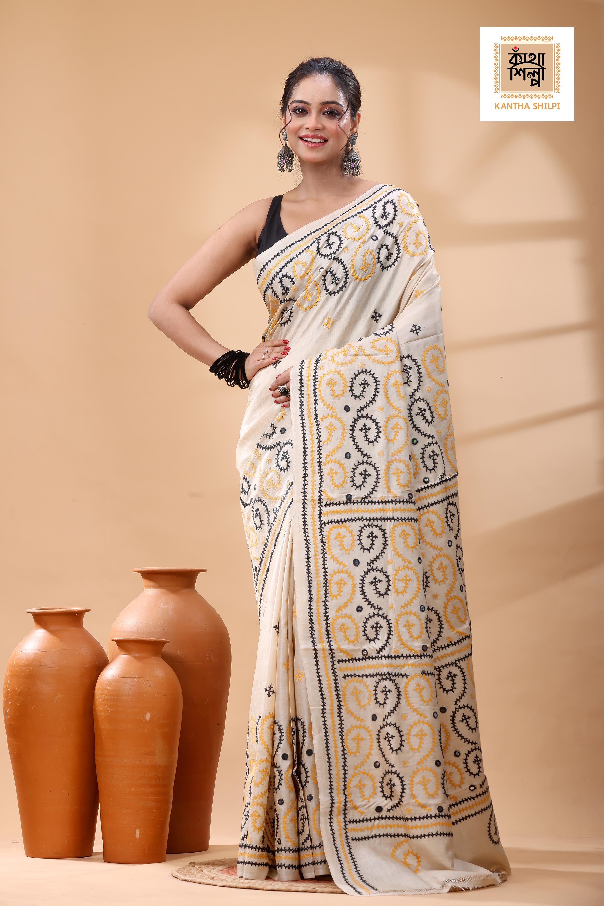 Pure Gachi Tussar with Yellow Black Thread Work Gujrati Stitch Saree