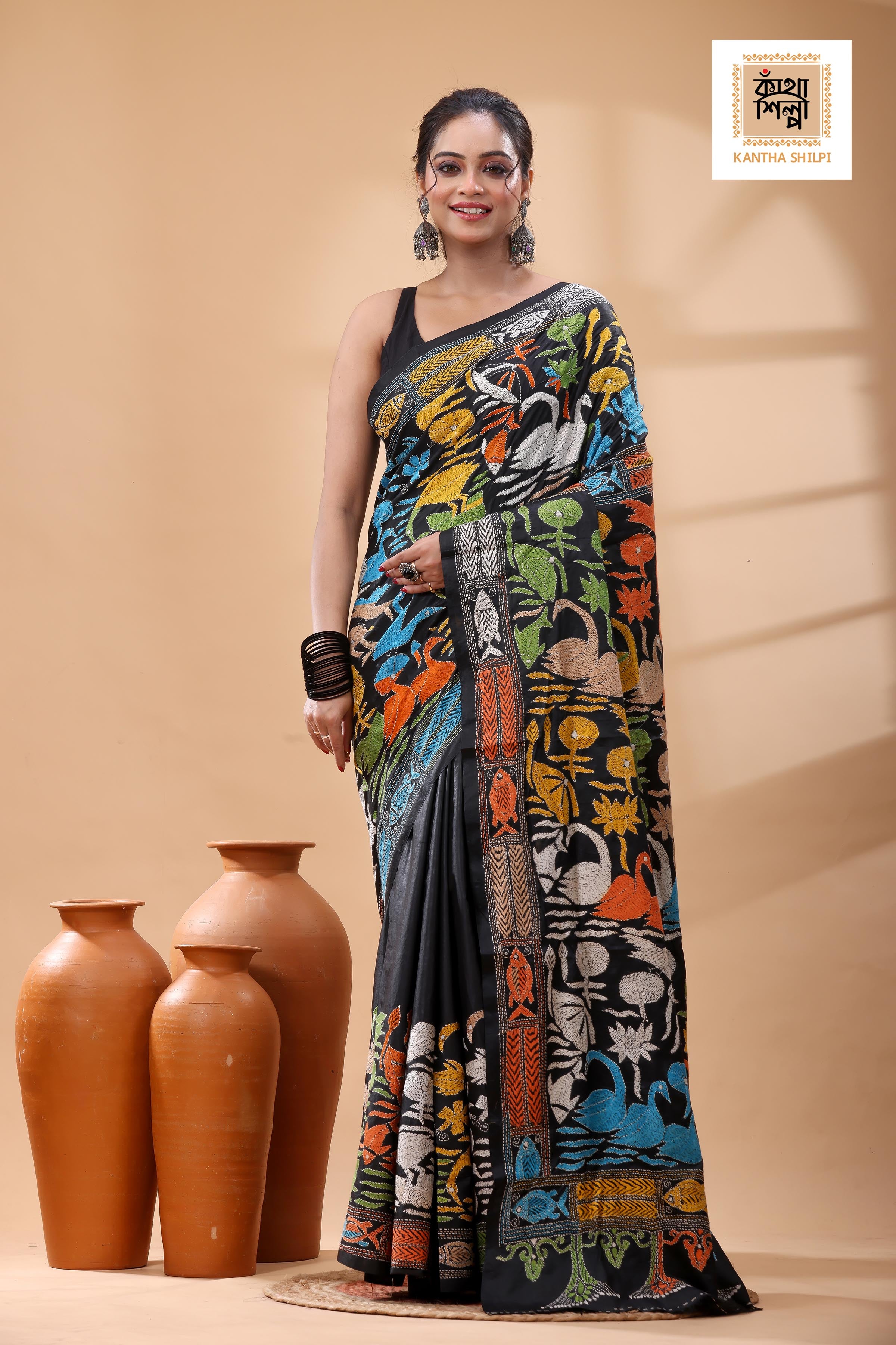 Black Pure Bangalore Silk Multicolor Thread Work Kantha Stitch Saree