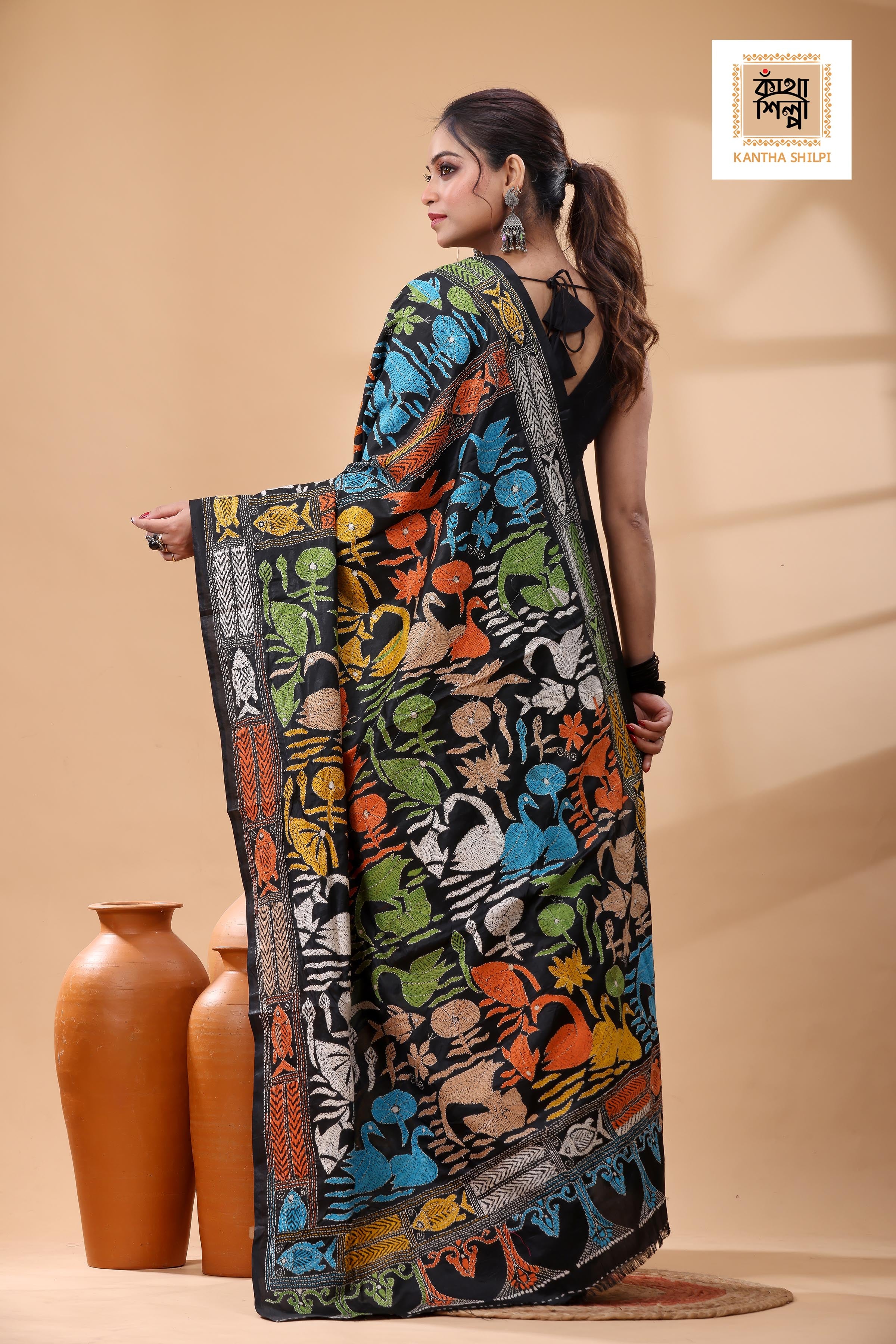 Black Pure Bangalore Silk Multicolor Thread Work Kantha Stitch Saree