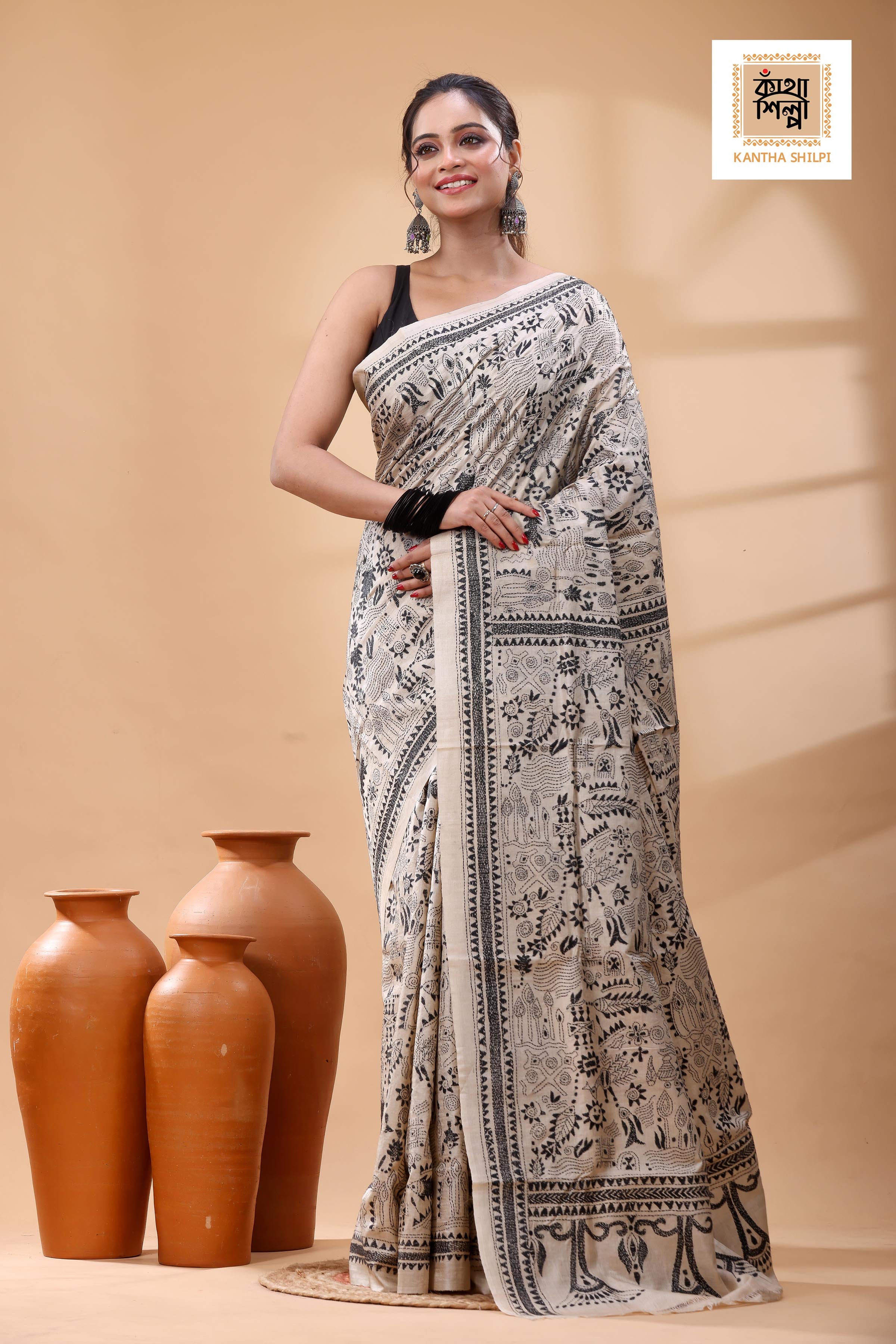 Pure Gachi Tussar Black Color Thread Work Kantha Stitch Saree
