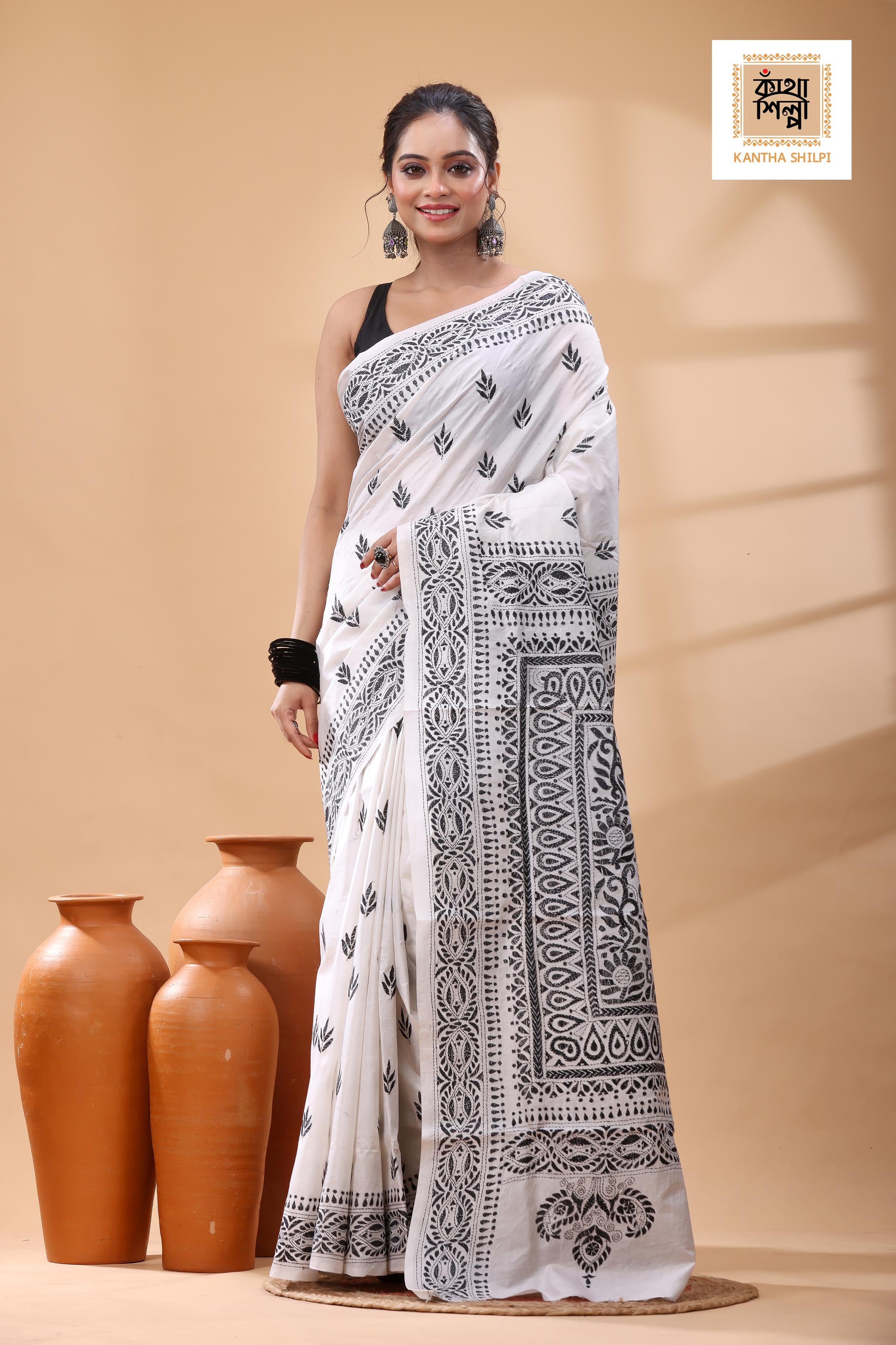 White Pure Bangalore Silk Black Color Thread Work Kantha Stitch Saree