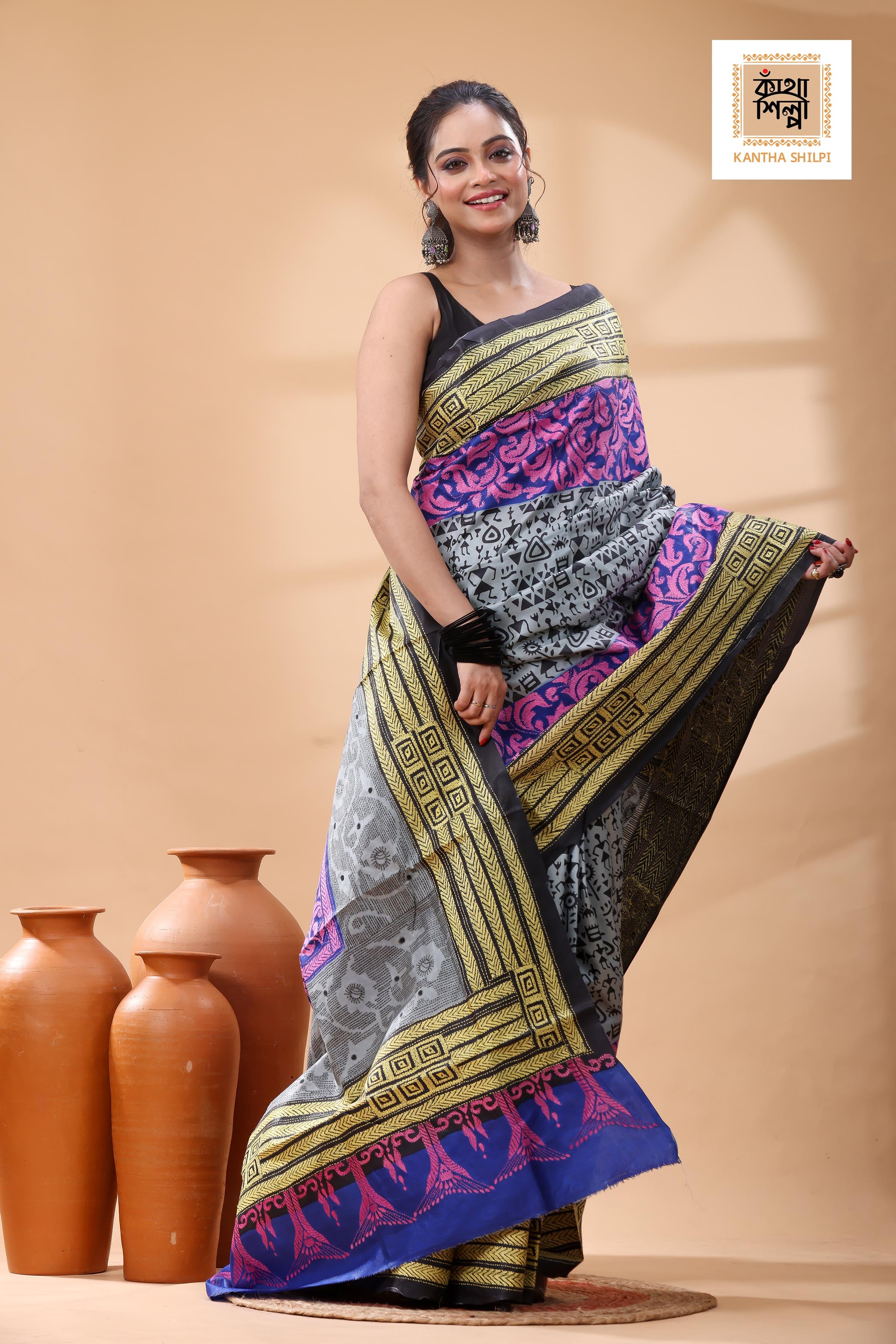 Pure Bangalore Silk Multicolor Thread Work Kantha Stitch Saree