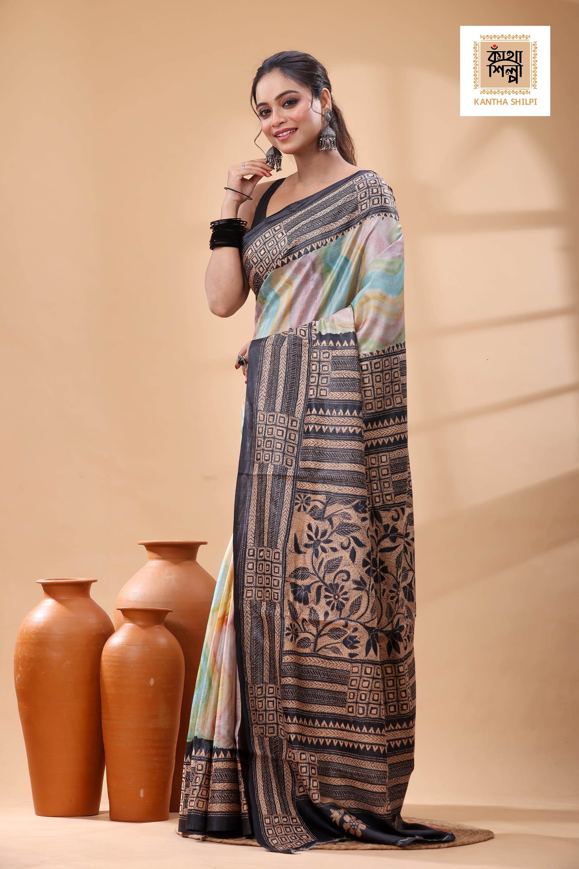 Pure Dye Gachi Tussar Beige Color Thread Work Kantha Stitch Saree