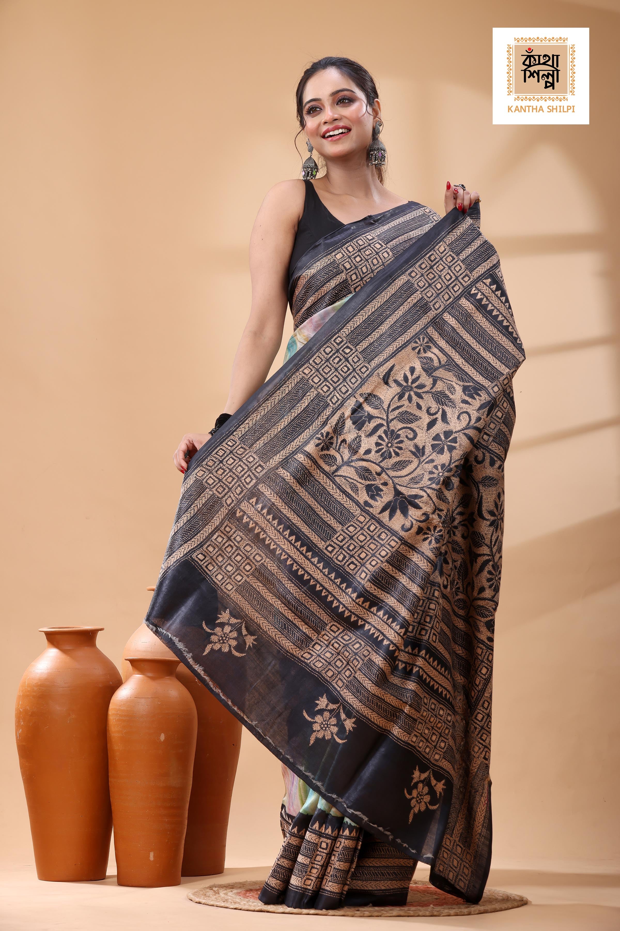 Pure Dye Gachi Tussar Beige Color Thread Work Kantha Stitch Saree