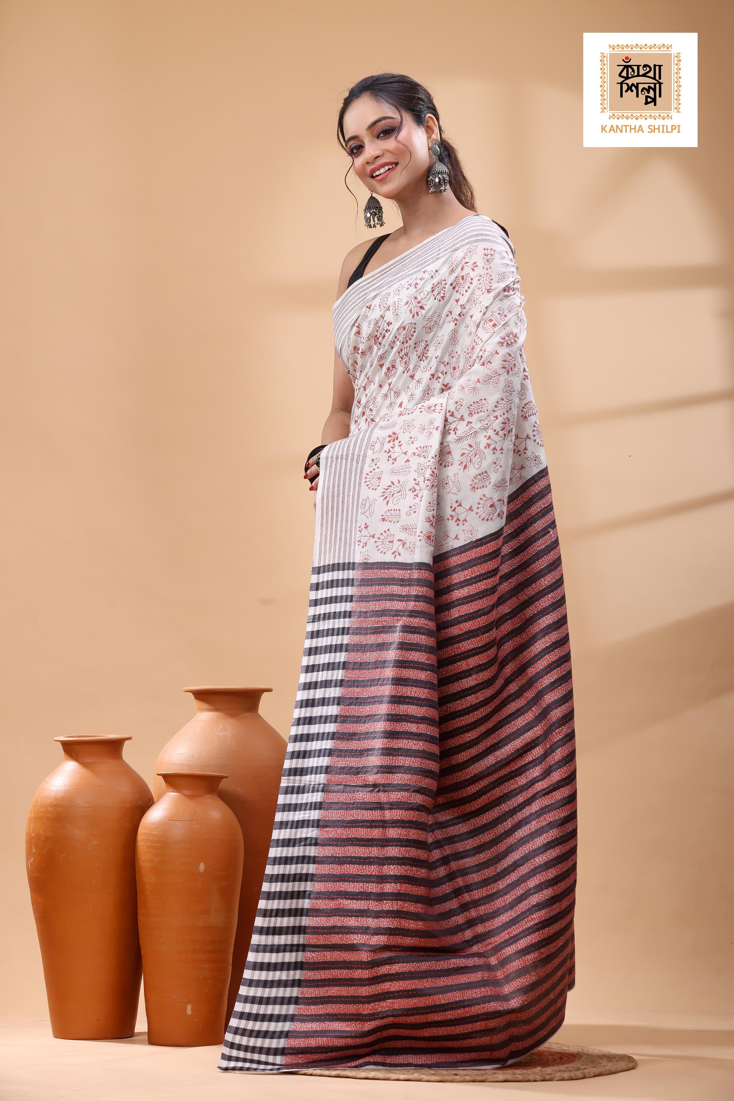 Bishnupuri (Katan) Silk Kantha Stitch Saree