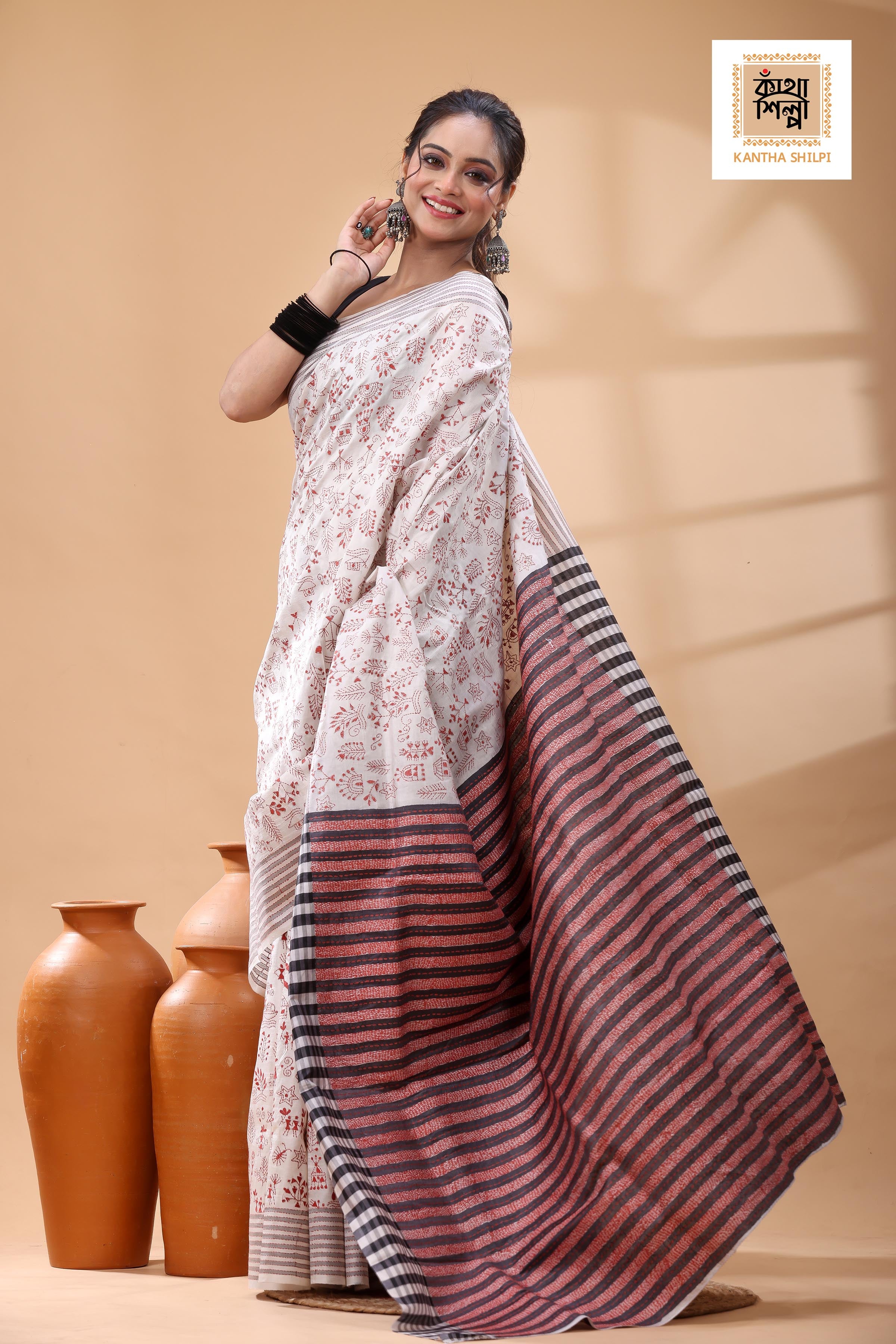 Bishnupuri (Katan) Silk Kantha Stitch Saree