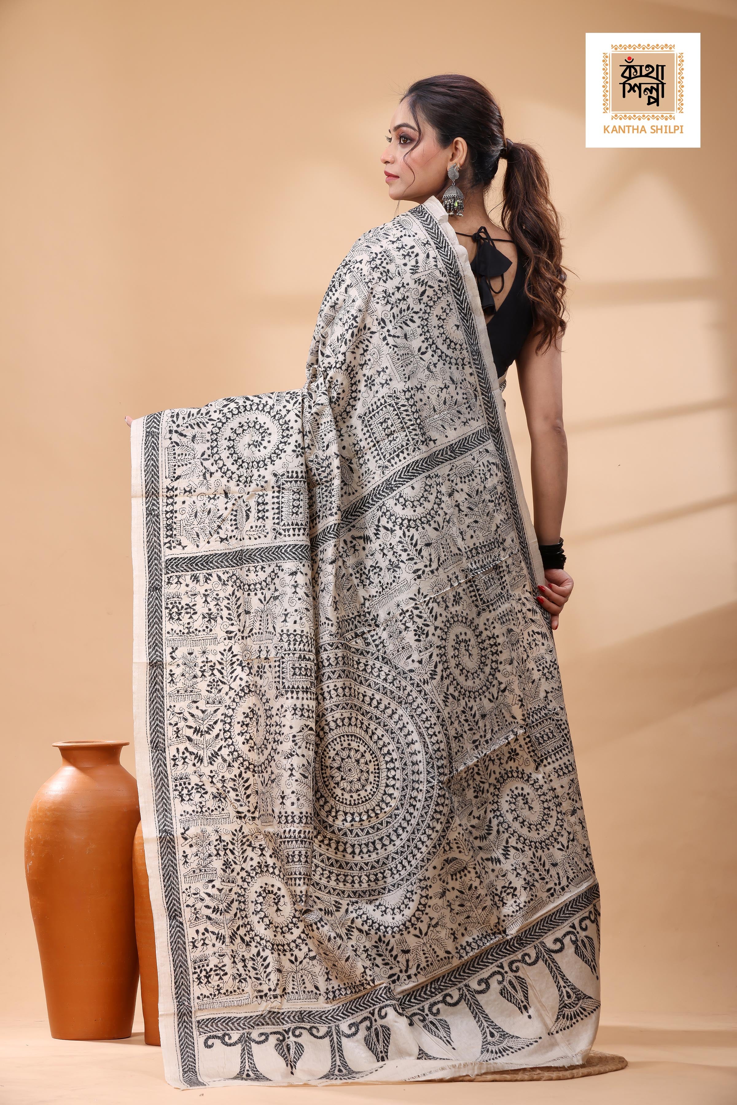 Pure Gachi Tussar Black Color Thread Work Kantha Stitch Saree