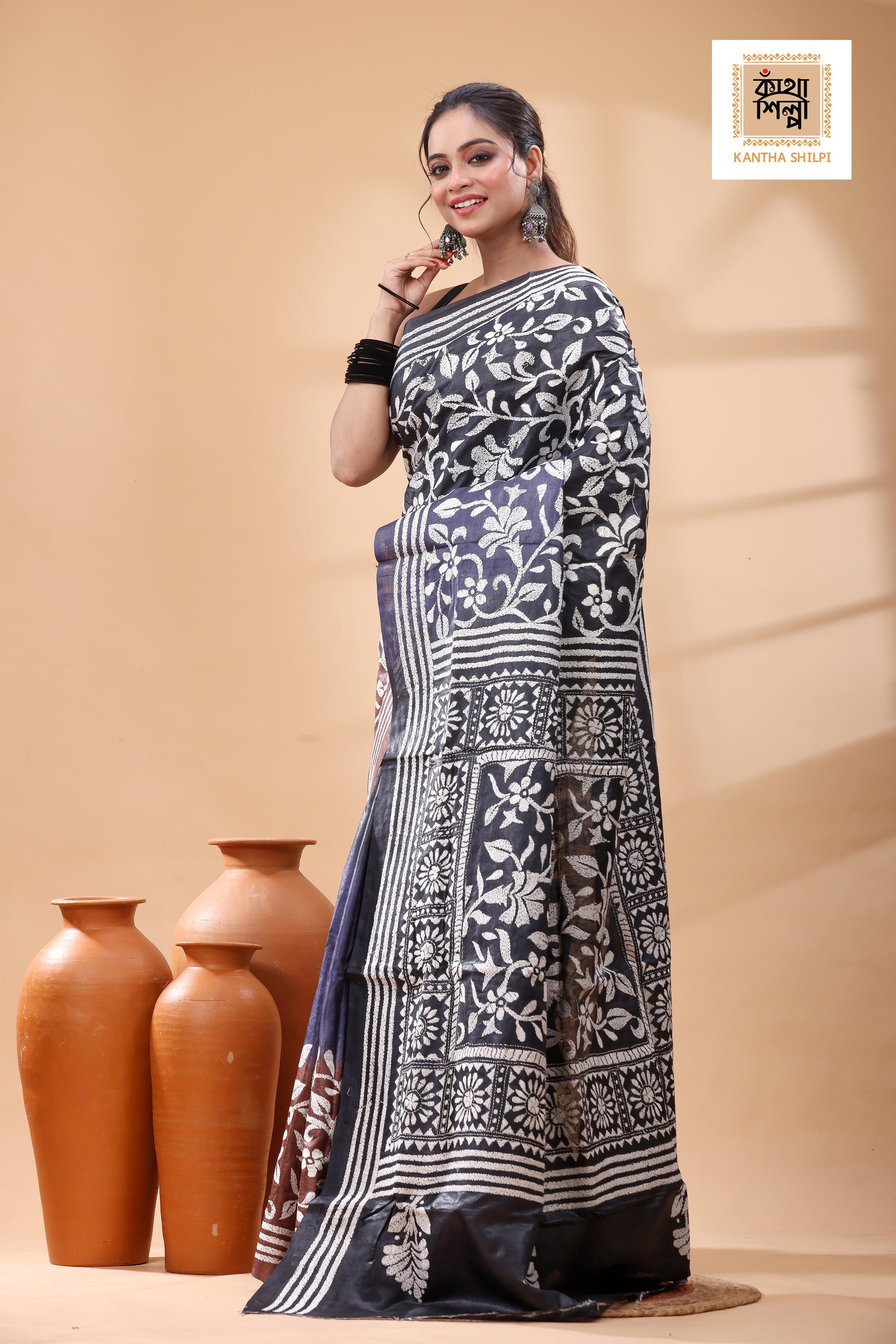 Pure Dye Gachi Tussar White Color Thread Work Kantha Stitch Saree