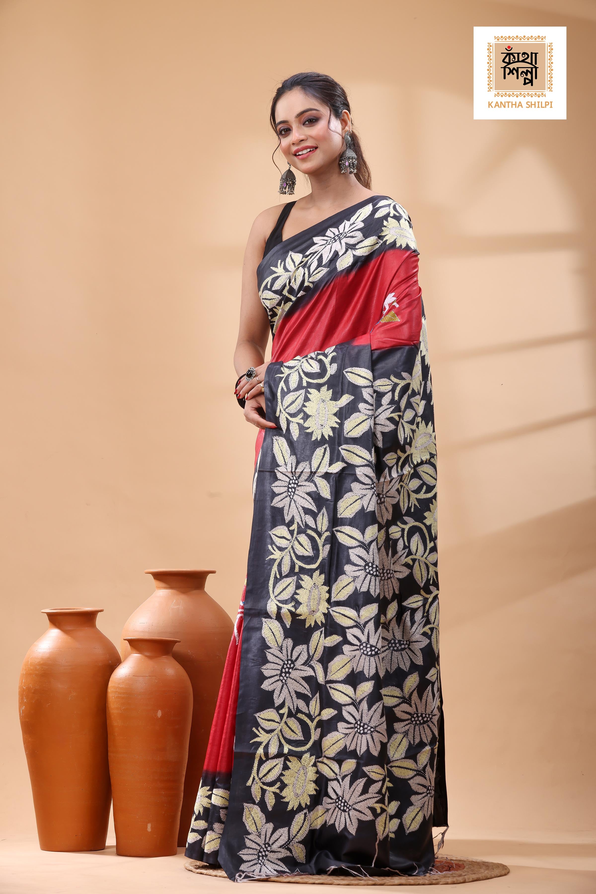 Pure Dye Gachi Tussar Multicolor Thread Work Kantha Stitch Saree