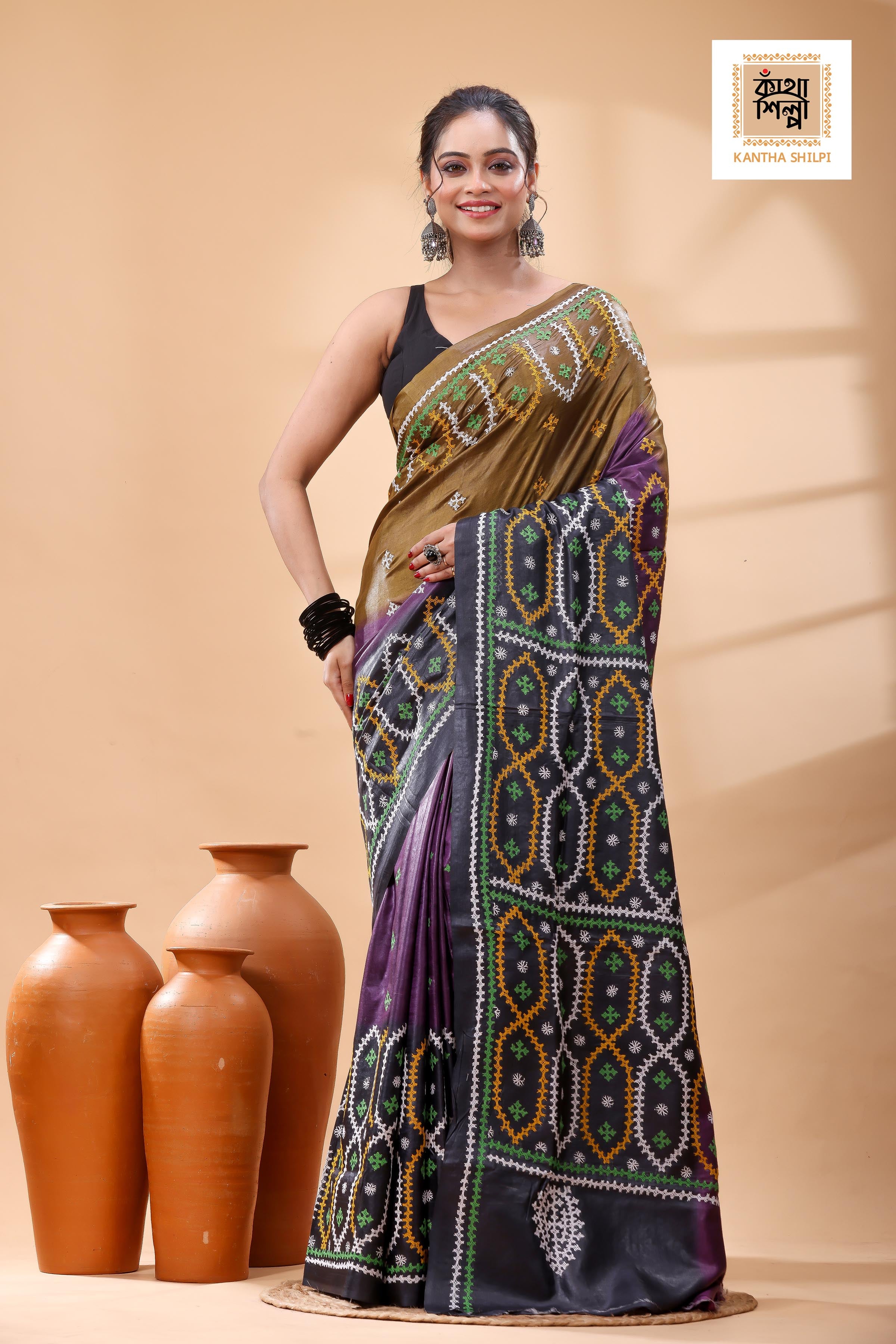 Pure Gachi Tussar Multicolor Dye And Multicolor Thread Work Gujrati Stitch Saree