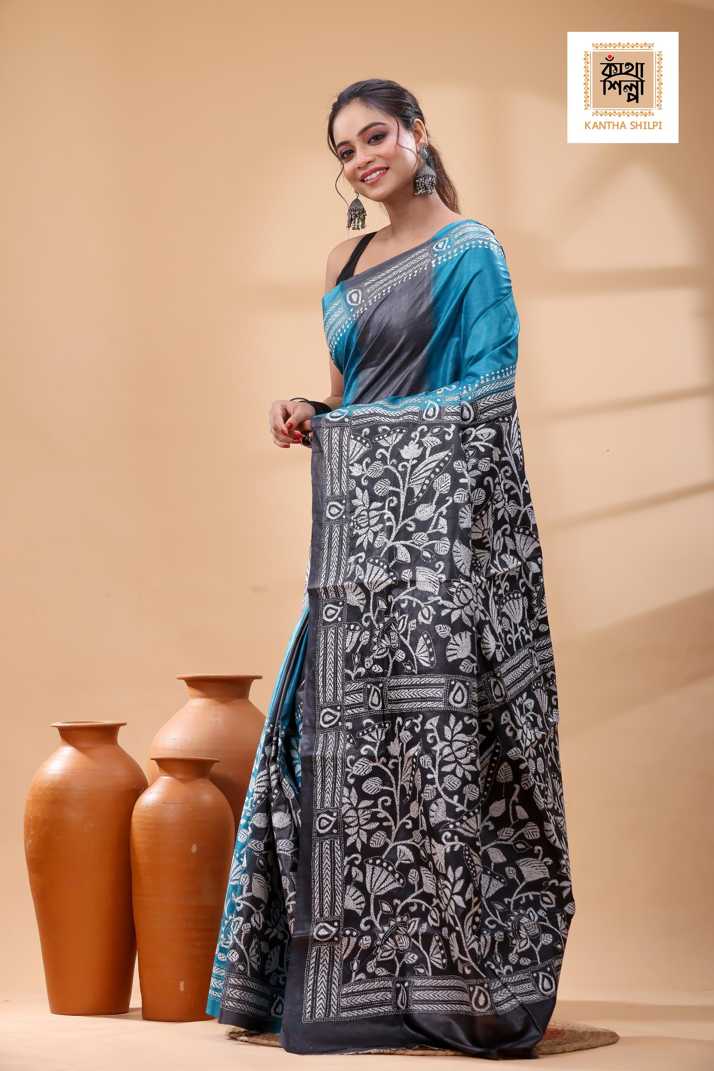 Pure Dye Gachi Tussar White Color Thread Work Kantha Stitch Saree