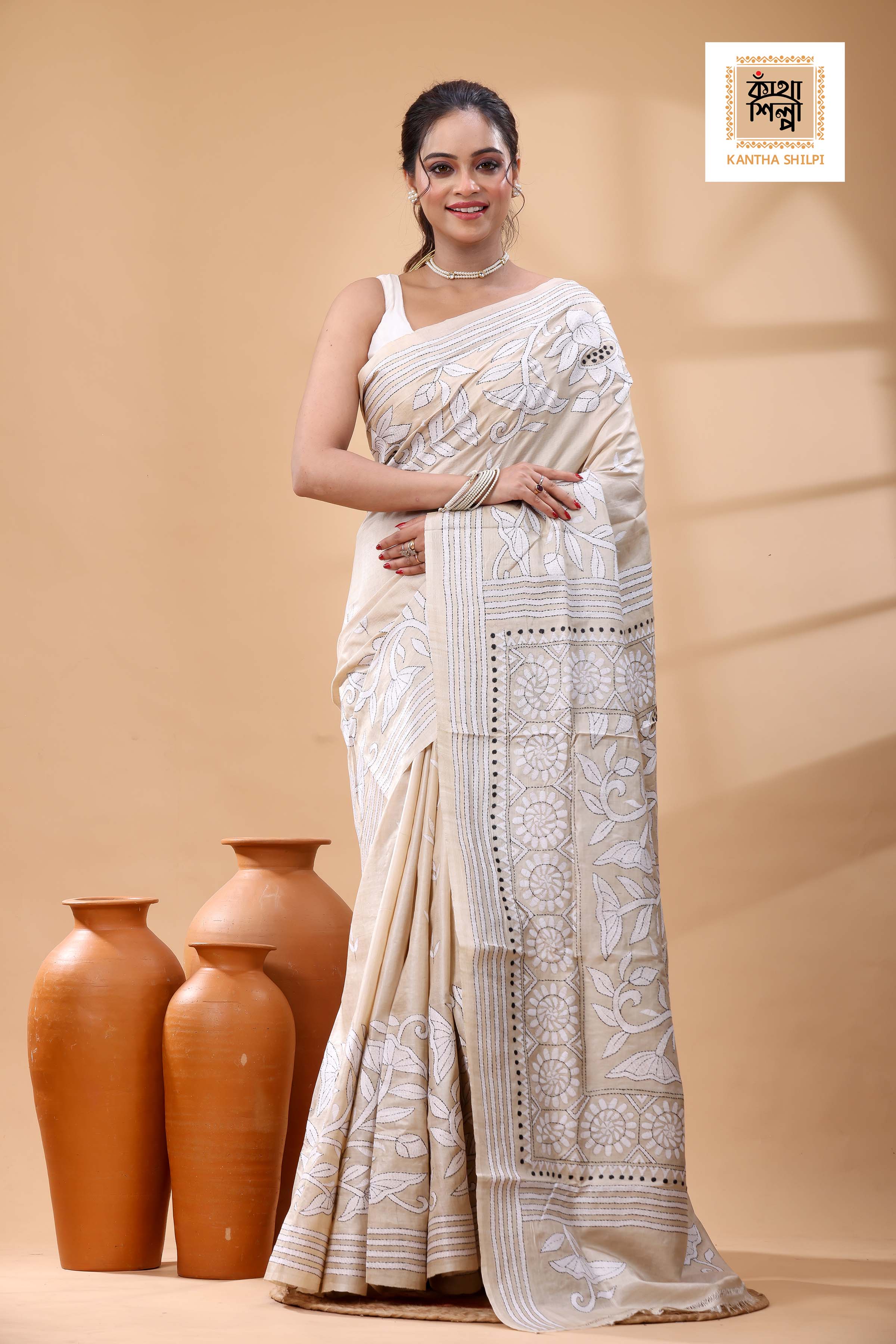 Pure Gachi Tussar White-Black Color Thread Work Kantha Stitch Saree