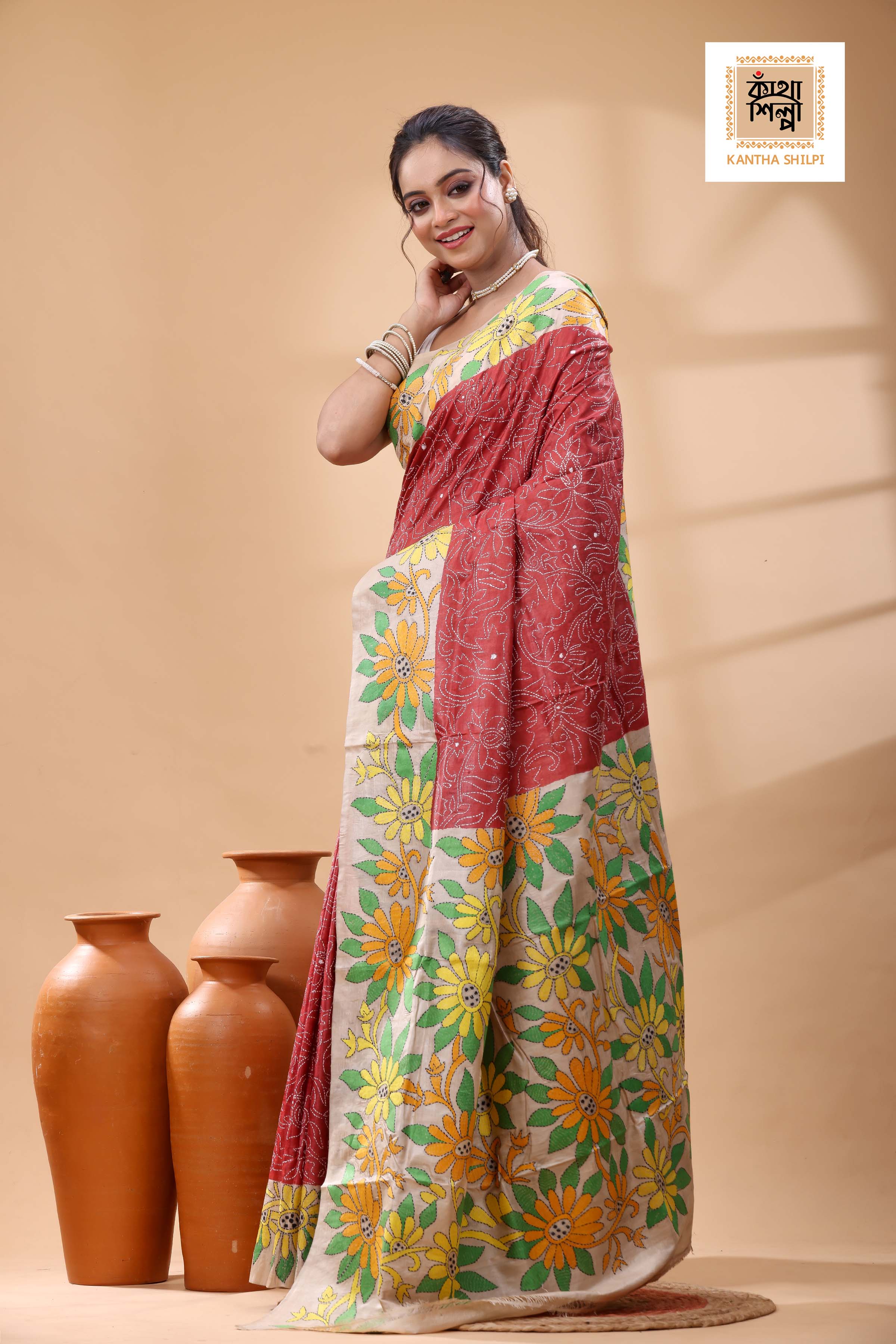 Pure Dye Gachi Tussar Multicolor Thread Work Kantha Stitch Saree