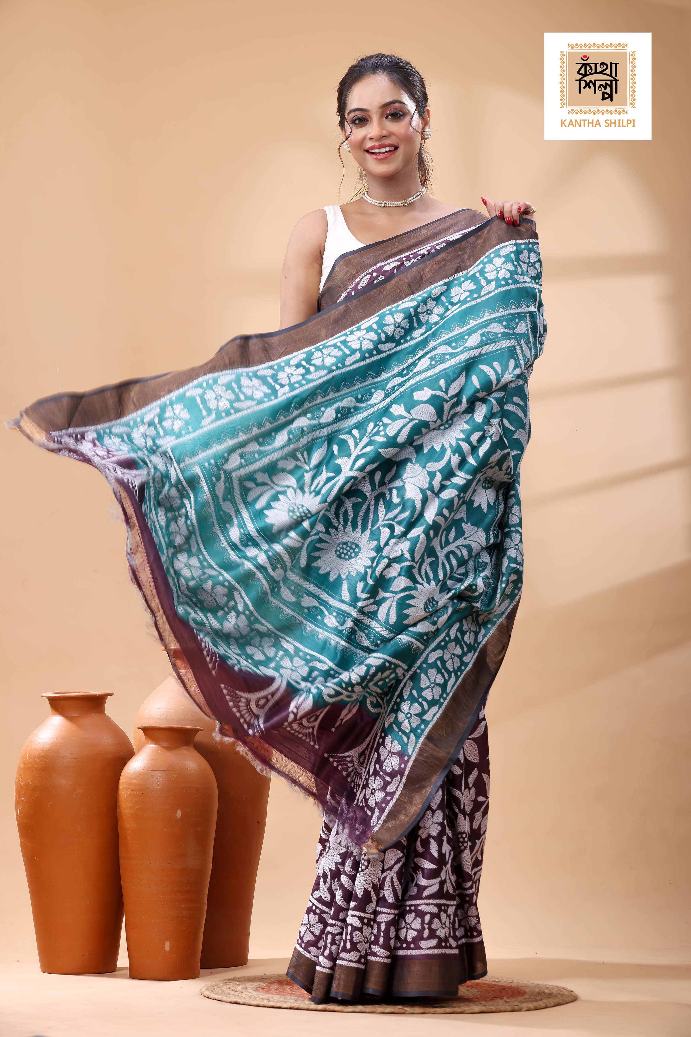 Pure Dye Tussar White Color Thread Work Kantha Stitch Saree