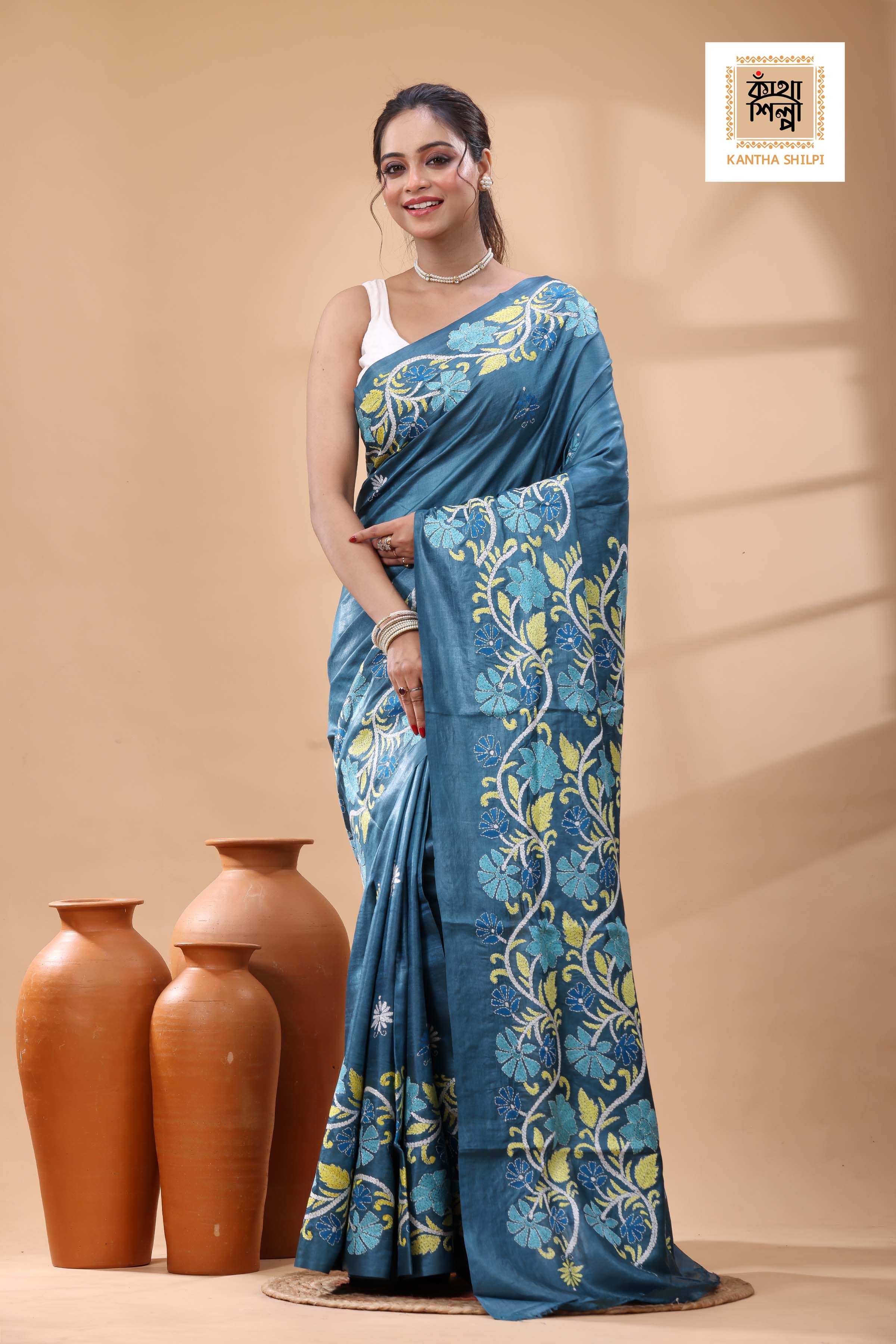 Pure Dye Gachi Tussar Multicolor Thread Work Kantha Stitch Saree