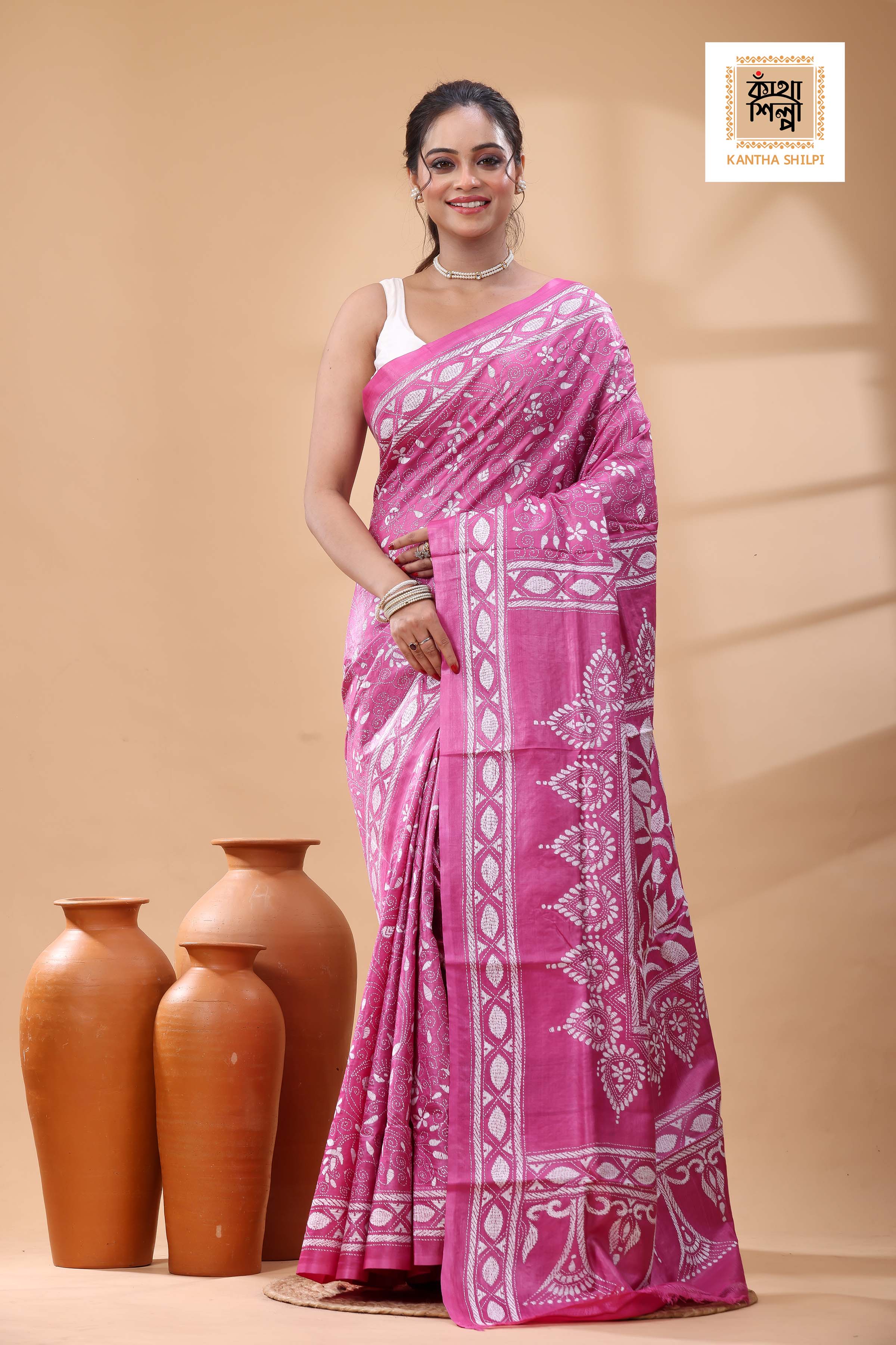 Pure Pink Dye Gachi Tussar White Color Thread Work Kantha Stitch Saree