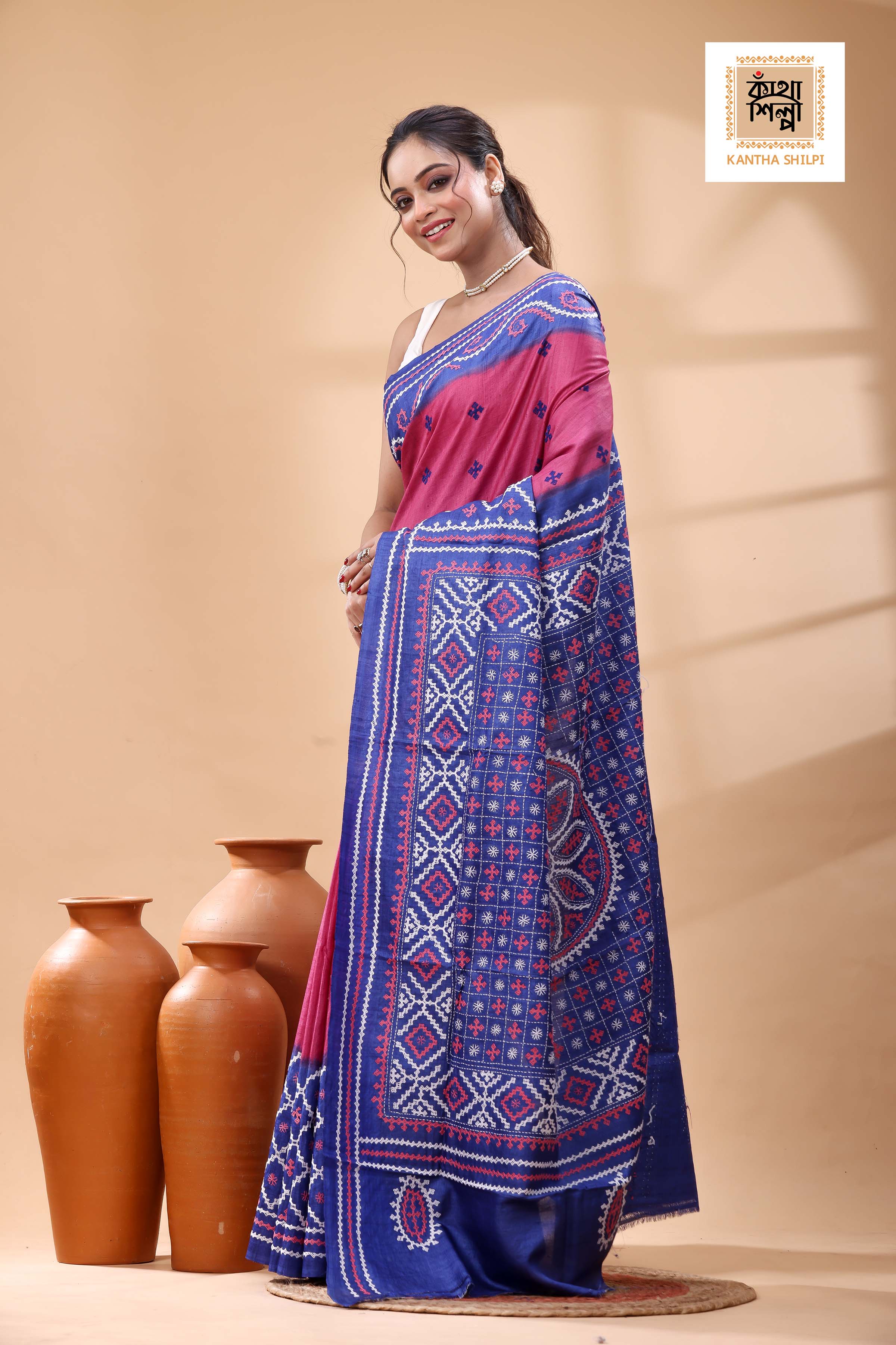 Pure Gachi Tussar Blue Rani Color Dye And White Pink Color Thread Work Gujrati Stitch Saree