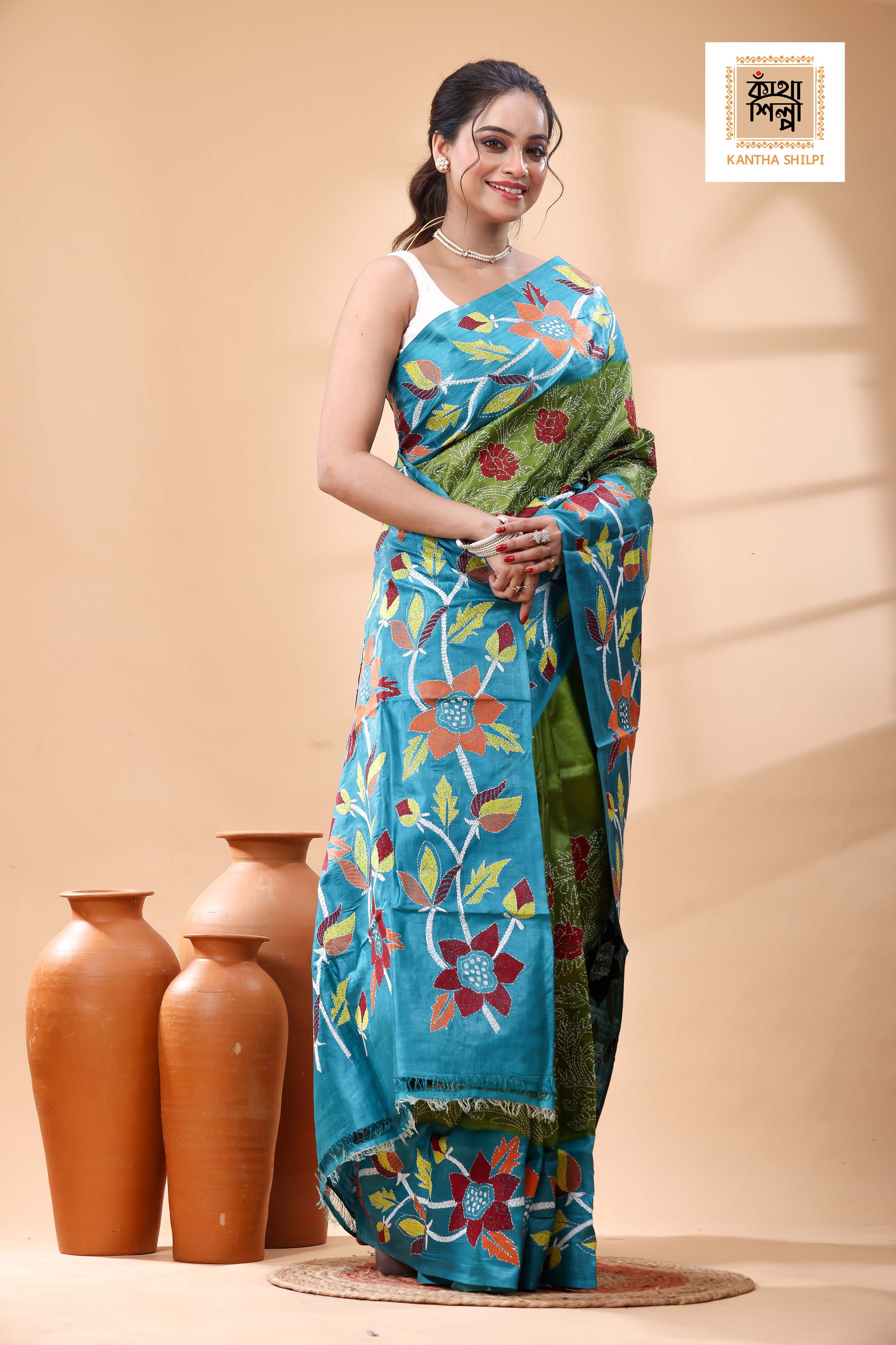 Pure Dye Gachi Tussar Multicolor Thread Work Kantha Stitch Saree