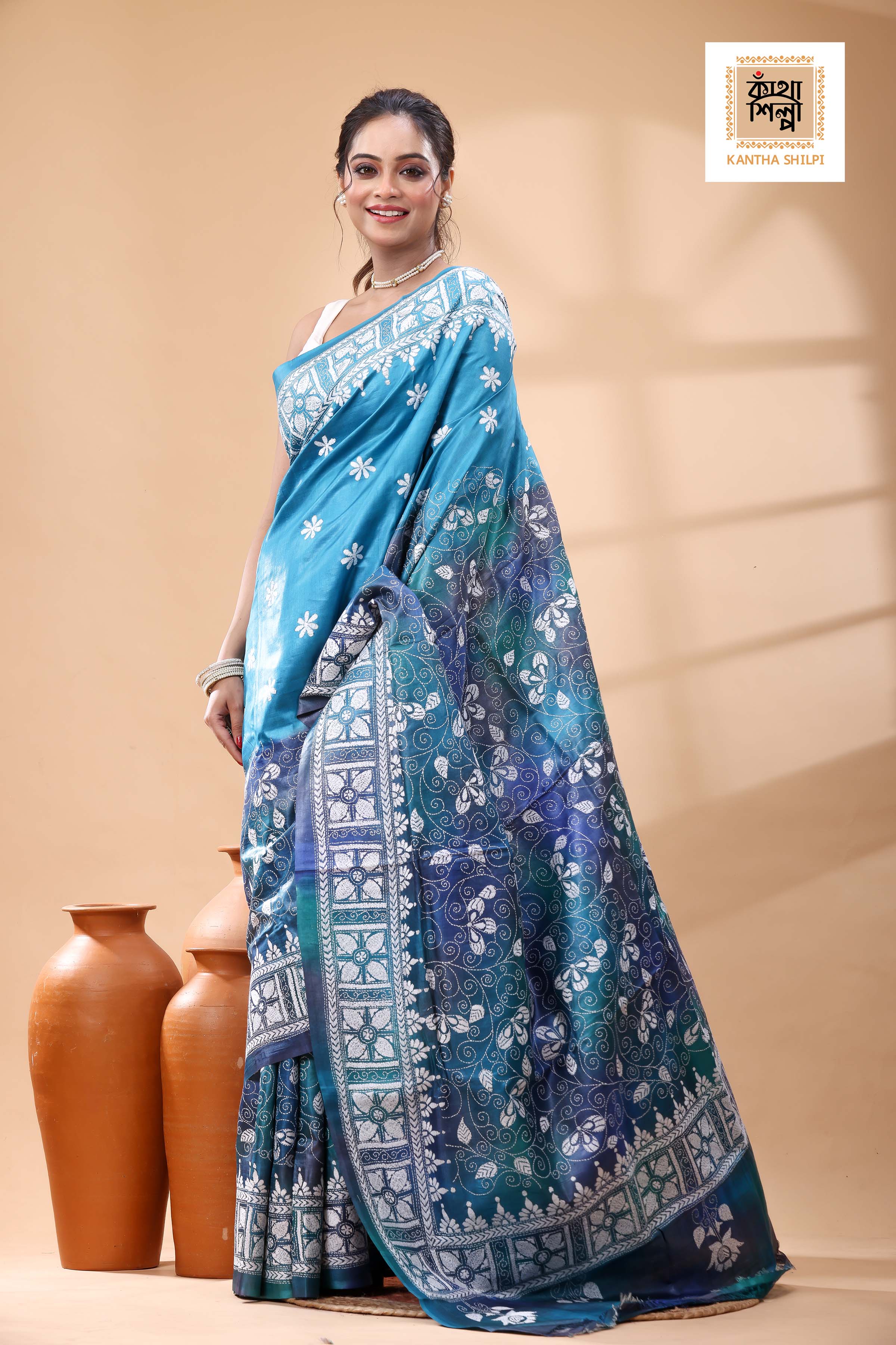 Pure Dye Gachi Tussar White Color Thread Work Kantha Stitch Saree