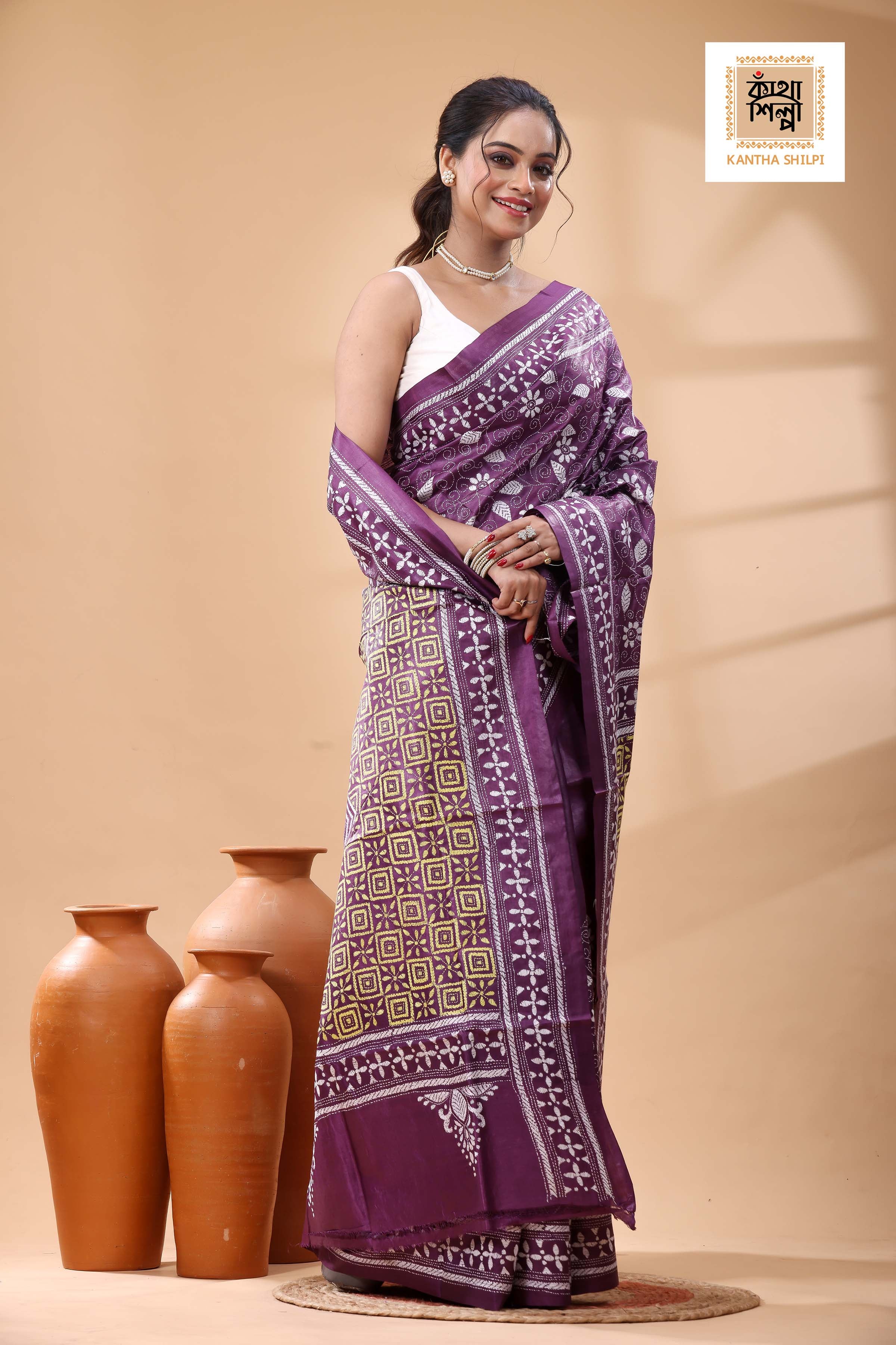 Pure Dye Gachi Tussar White-Yellow Color Thread Work Kantha Stitch Saree
