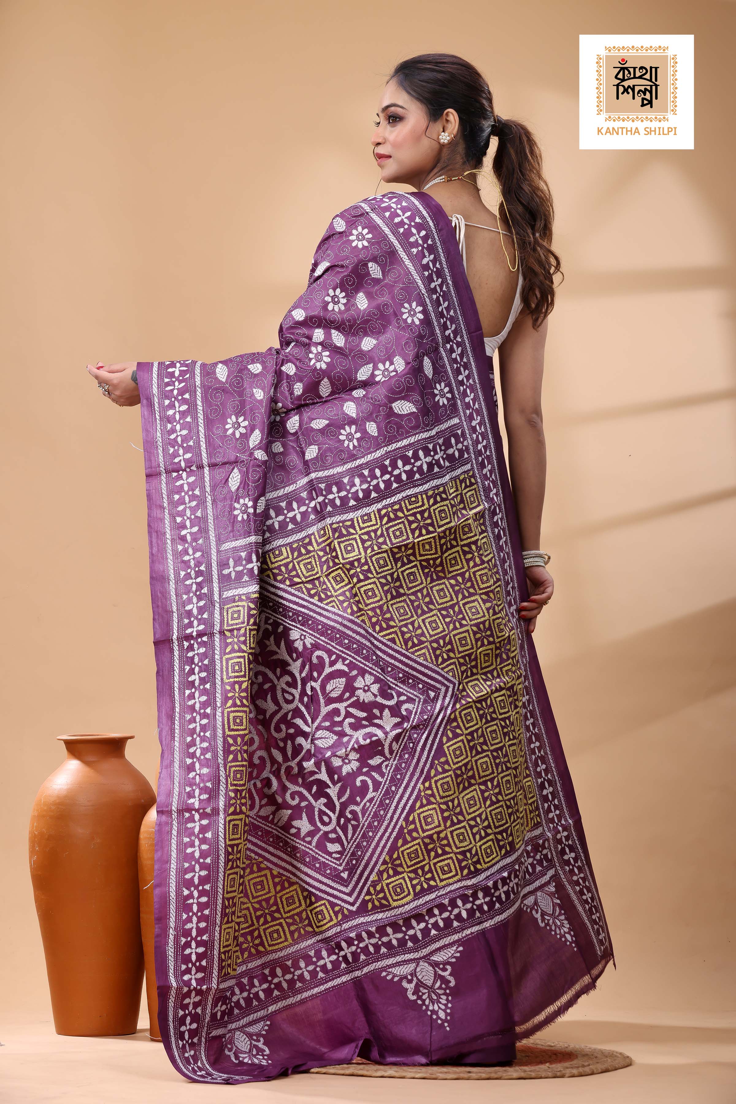 Pure Dye Gachi Tussar White-Yellow Color Thread Work Kantha Stitch Saree