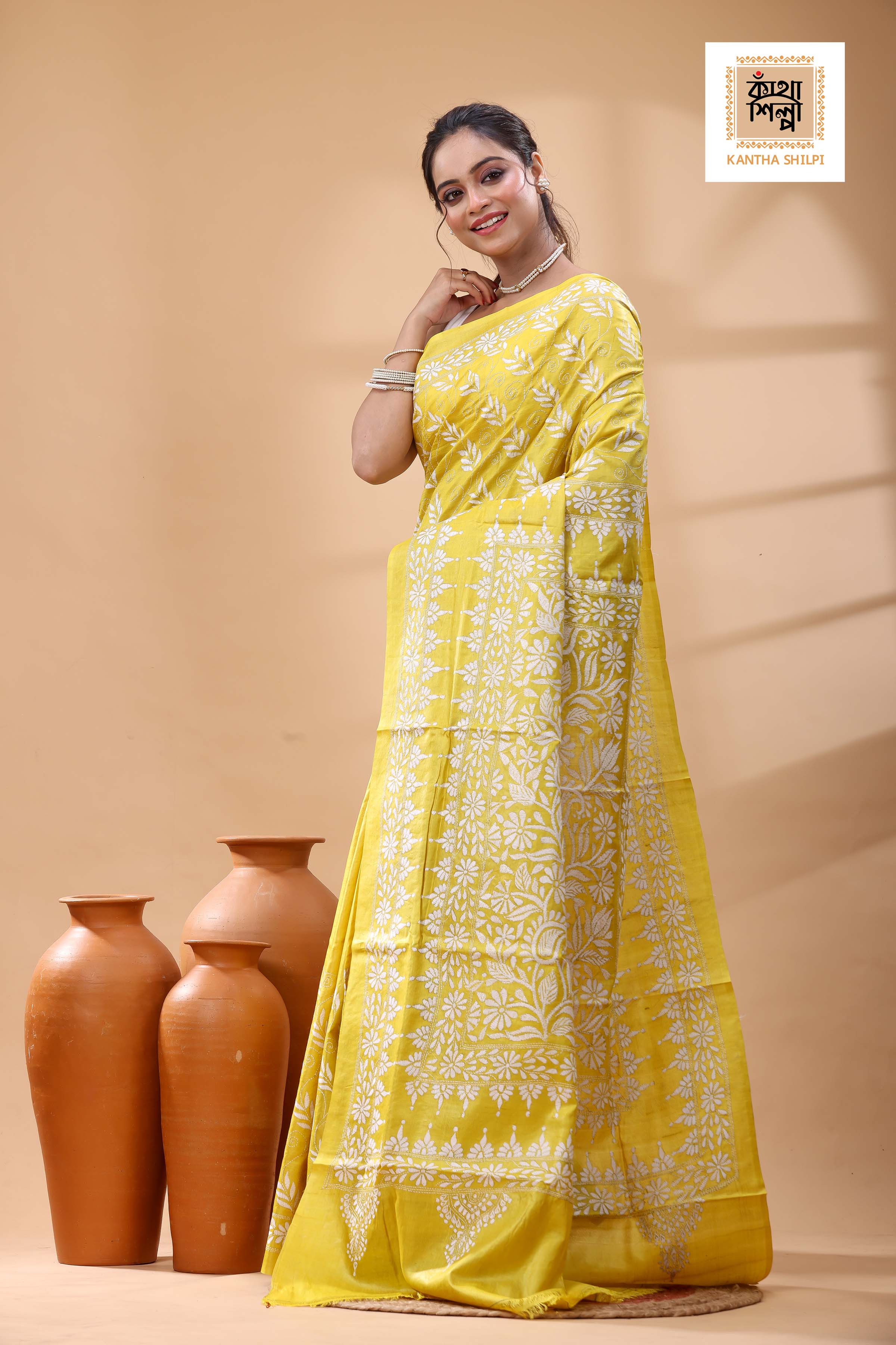 Pure Dye Gachi Tussar White Color Thread Work Kantha Stitch Saree